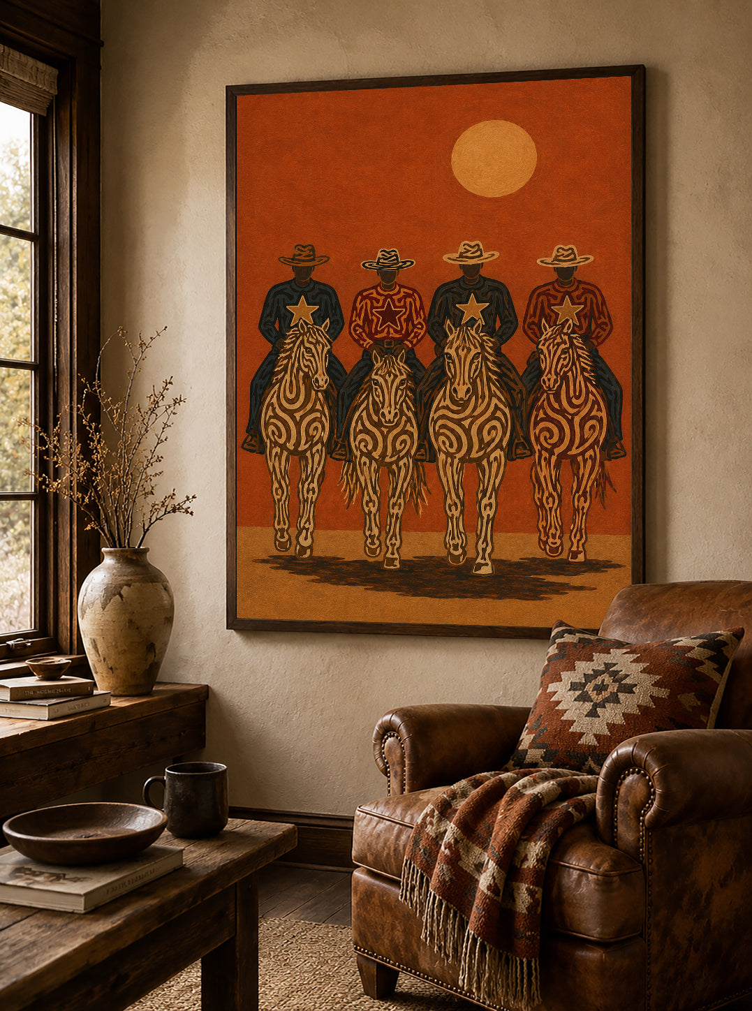 Cowboy Riders Oil Painting, Burnt Orange Western Wall Art, Rodeo Ranch Hand Painted Decor