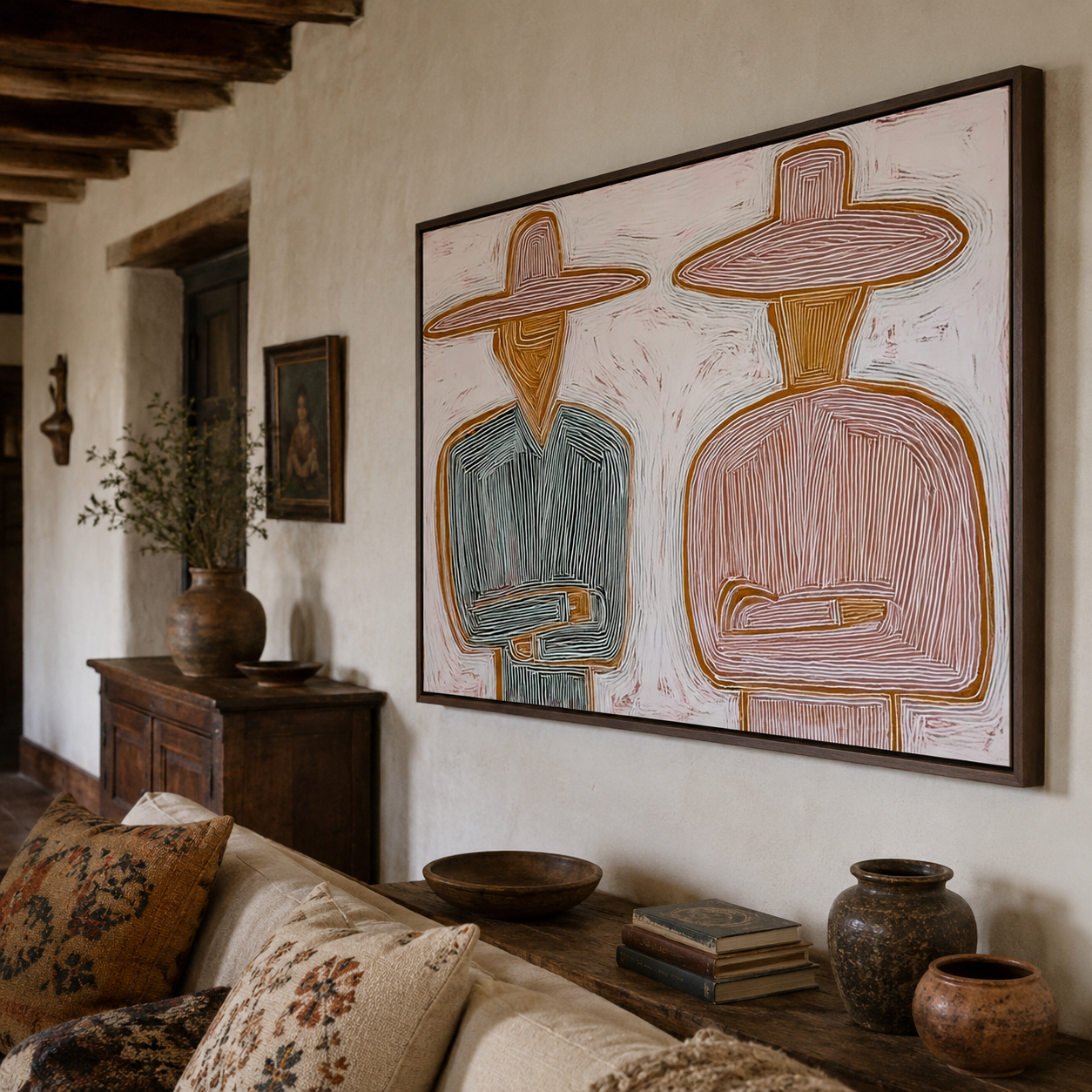 Mediterranean Minimalist Figure Painting With Earthy Tones For Modern Living Room Wall Art