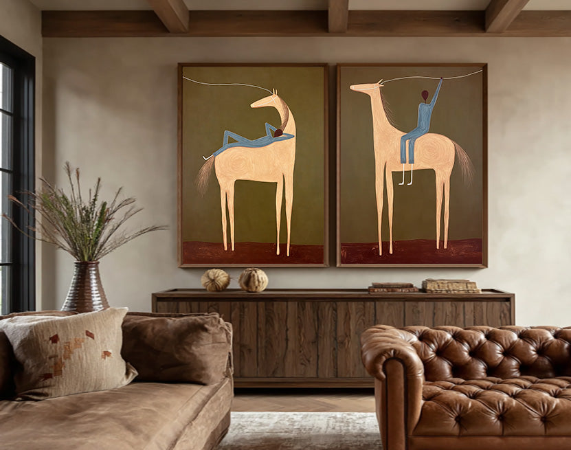 Vintage Minimalist Horse Painting Set Original Canvas Art For Living Room Decor