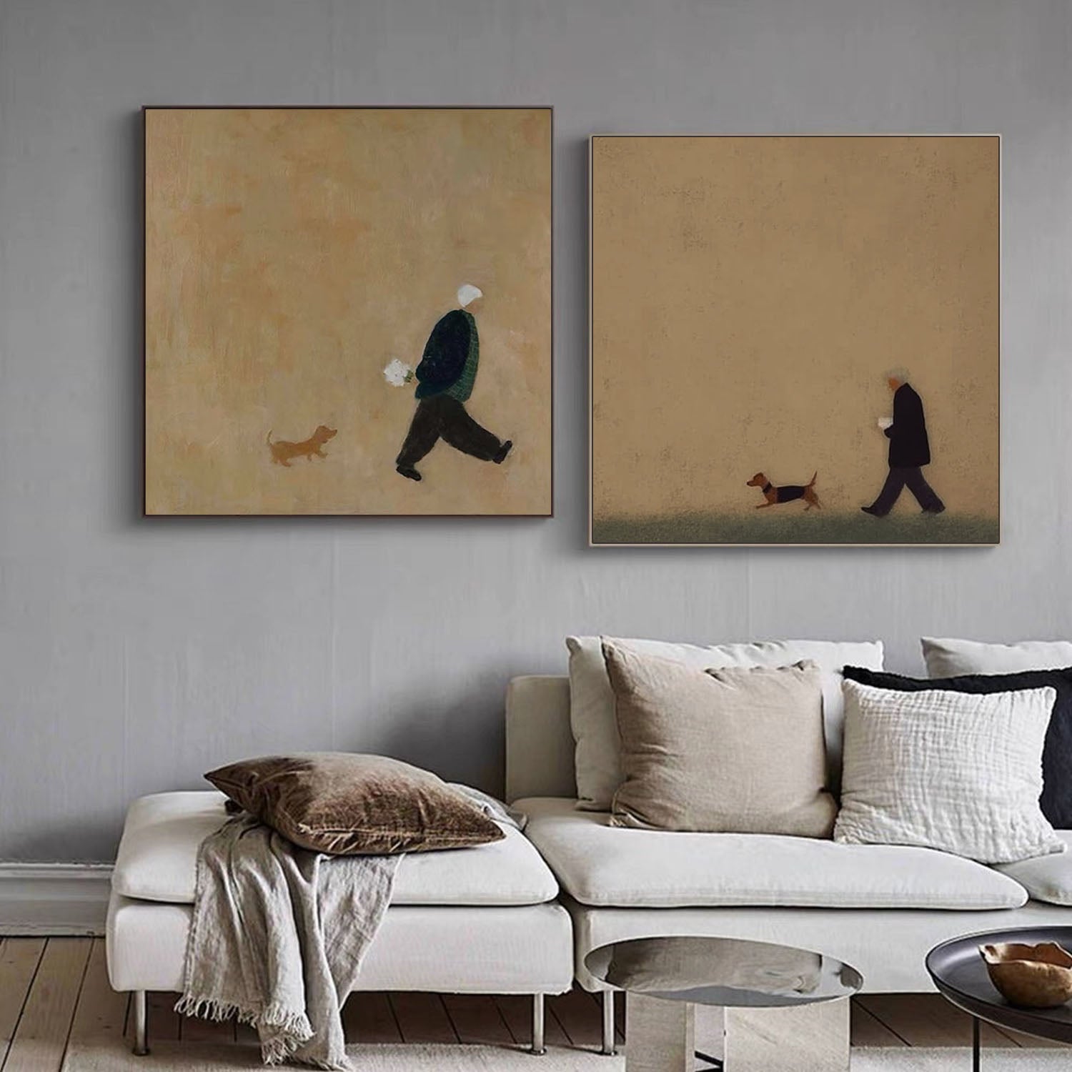 Modern Abstract Figures & Dog Canvas Art - Set of 2 Textured Oil Painting Earthy Tone Decor