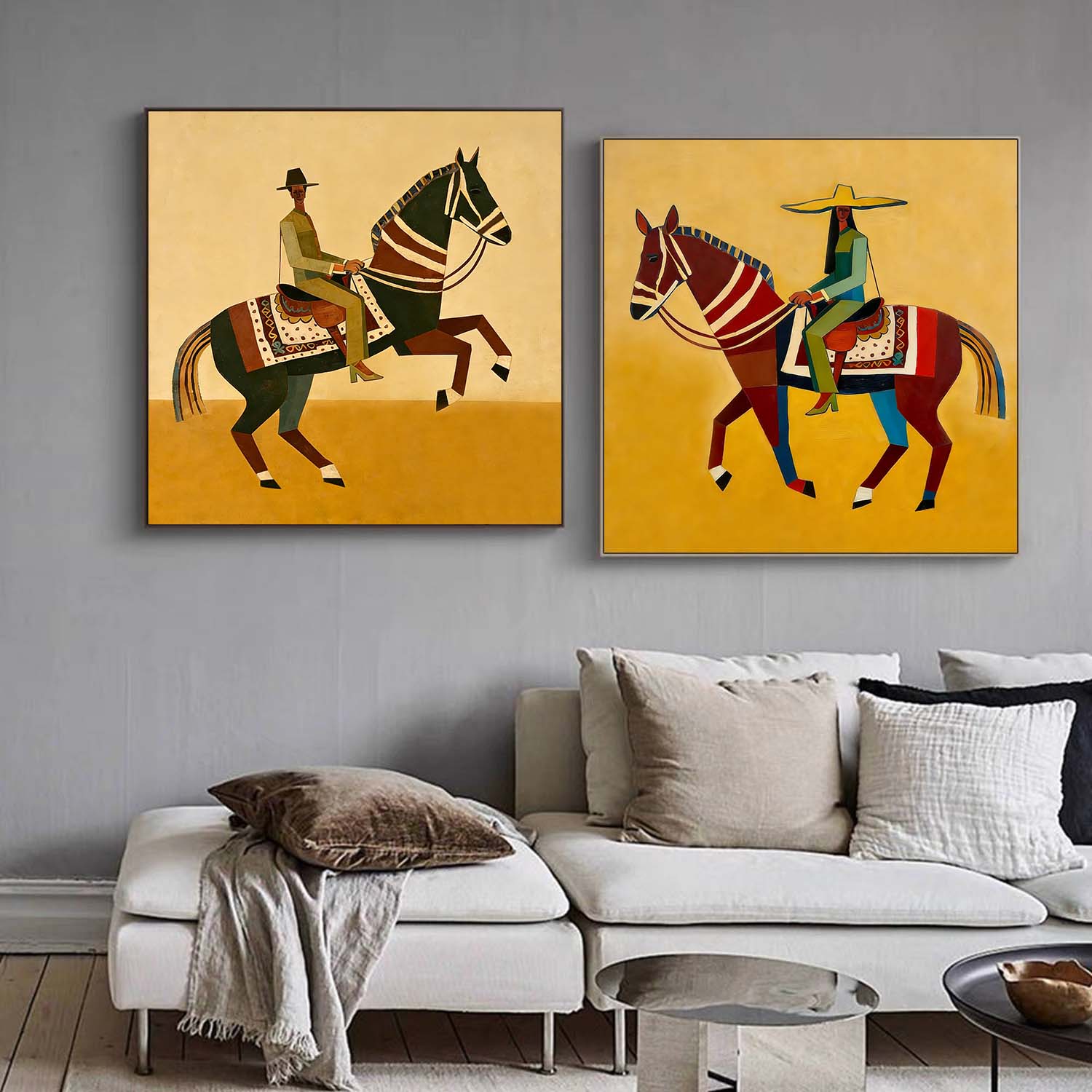 Set of 2 Abstract Colorful Equestrian Wall Art Vibrant Folk Art Horse & Rider Painting