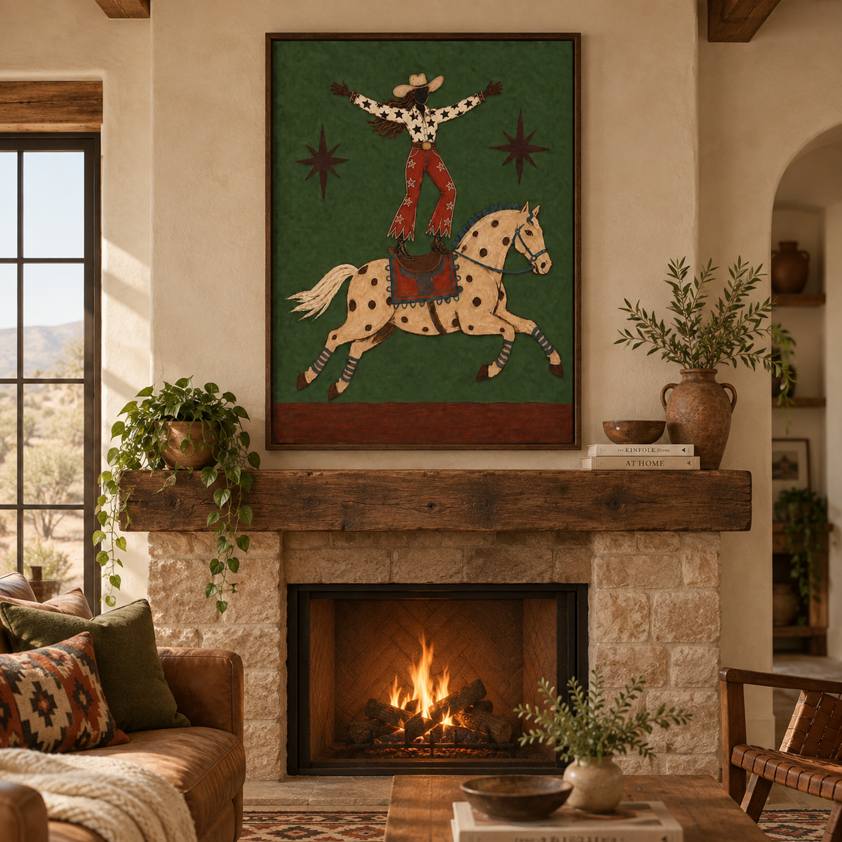 Western Wall Art For Living Room Green Horse Painting Handmade Cowboy Decor