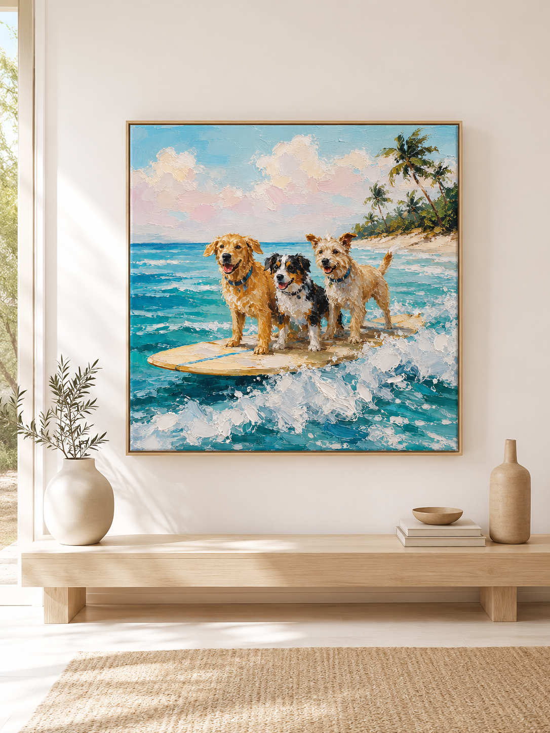 Fun Surfing Dogs Oil Painting For Pet Lovers Beach Themed Wall Art