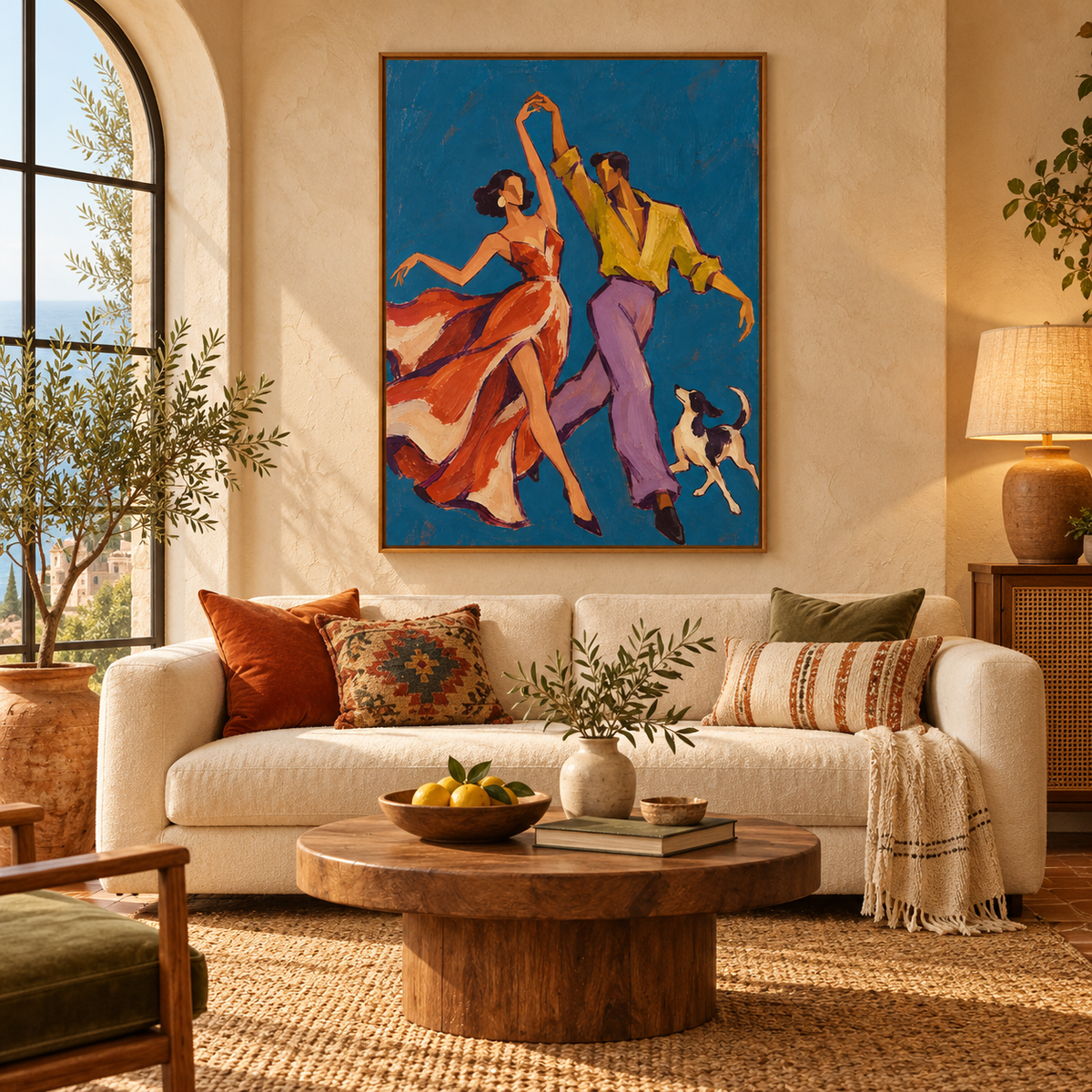 Passionate Tango Dancers Canvas Painting With Dog In Blue And Orange
