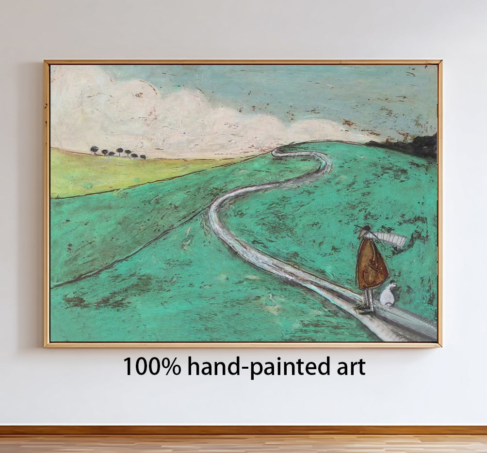 Modern Landscape Oil Painting, Whimsical Man and Dog on Winding Road, Minimalist Green Nature Wall Art