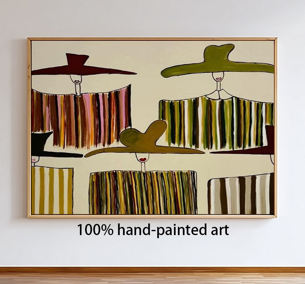 Hand-painted textured women in hats painting Minimalist olive green abstract figurative art
