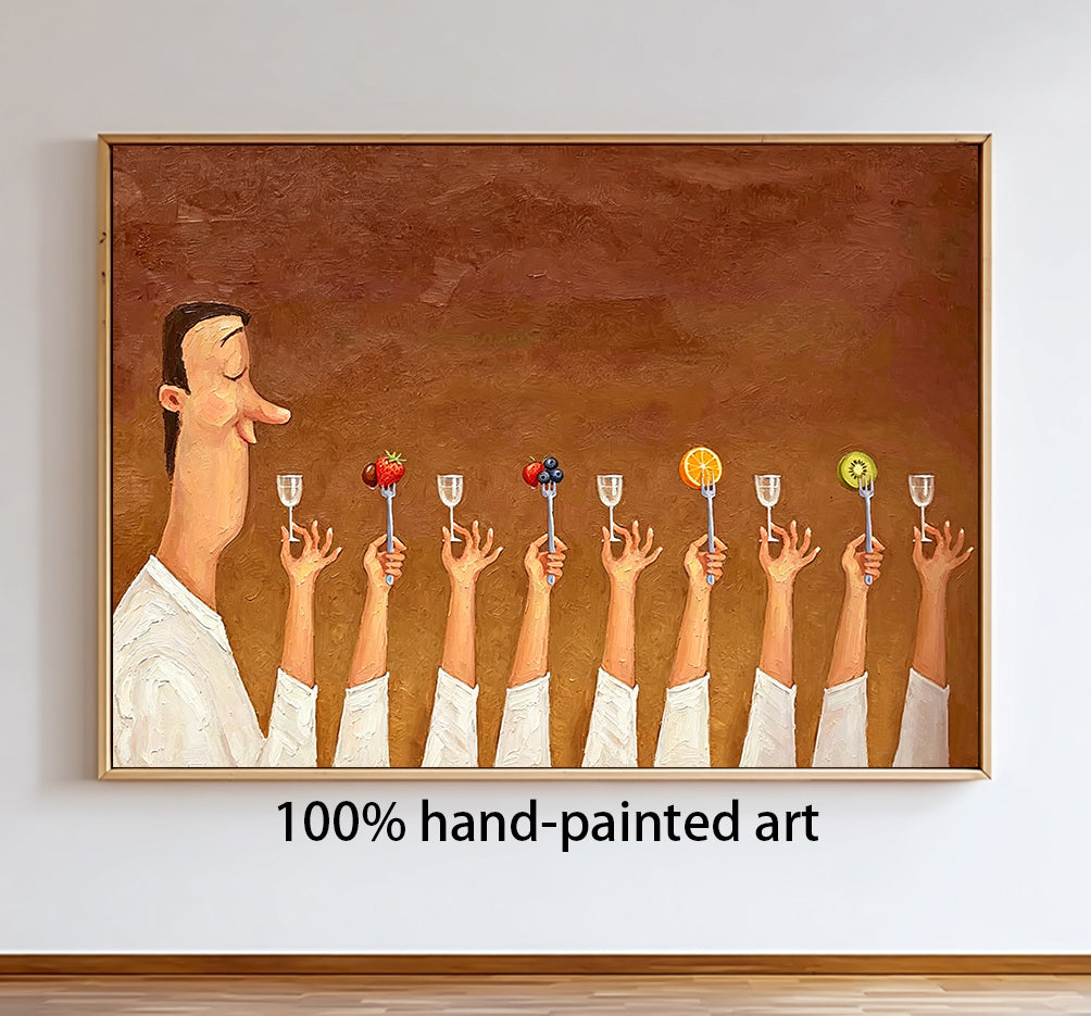 Humorous Kitchen Wall Art, Hand Painted Oil Painting, Large Wall Decor for Foodie Gift.