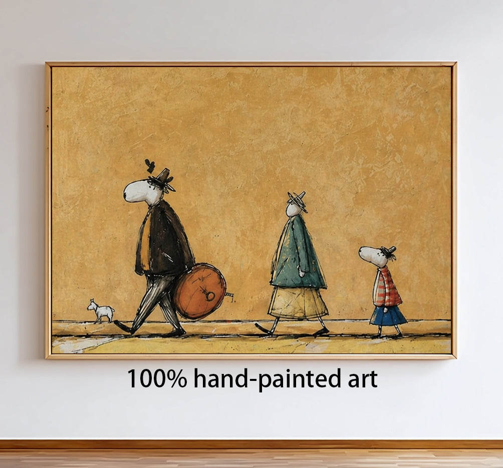 Hand-Painted Whimsical Parade - Retro Character & Dog Oil Painting for Modern Home Decor