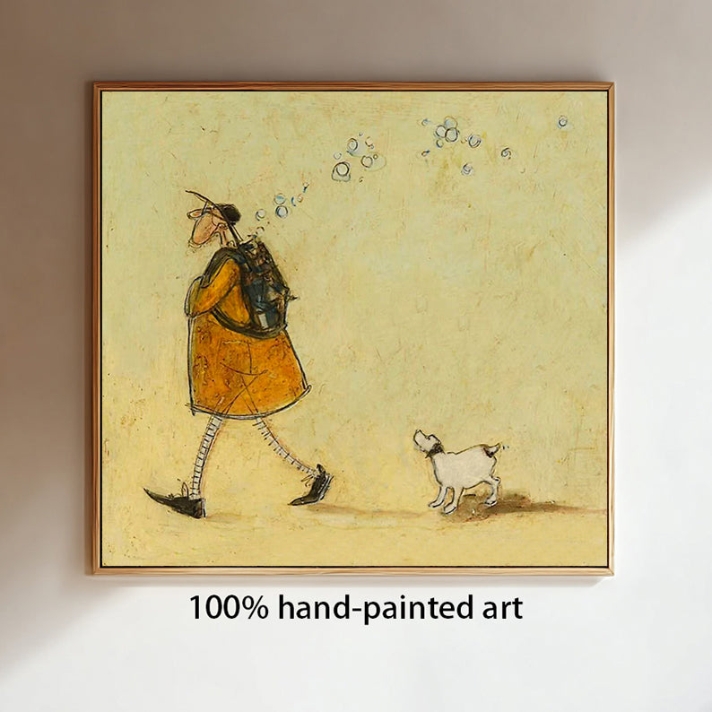 Man Walking with and Dog Earthy Tones Minimalist Character & Animals Oil Painting