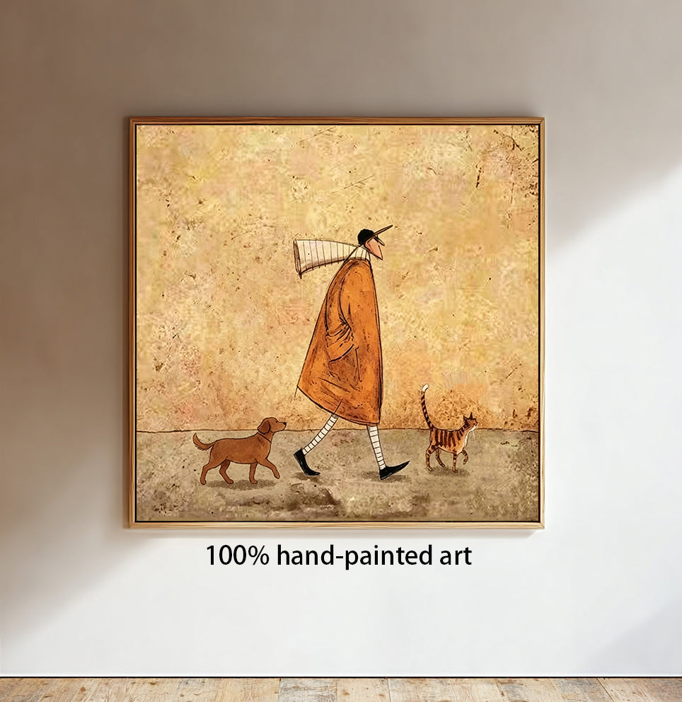 Hand Painted Whimsical Man Walking Dog and Cat Wall Art, Vintage Rustic Pet Lover Painting