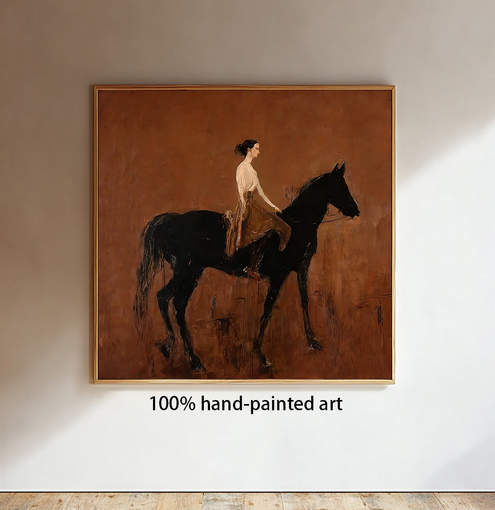 Black Horse Painting Modern Folk Art Person Riding Horse Wall Decor