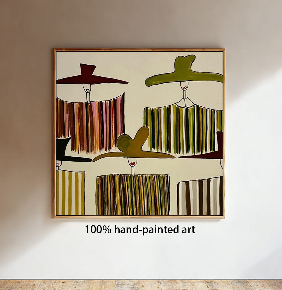 Olive Green figure Abstract Painting Mid-Century Modern Farmhouse wall decor for dining room