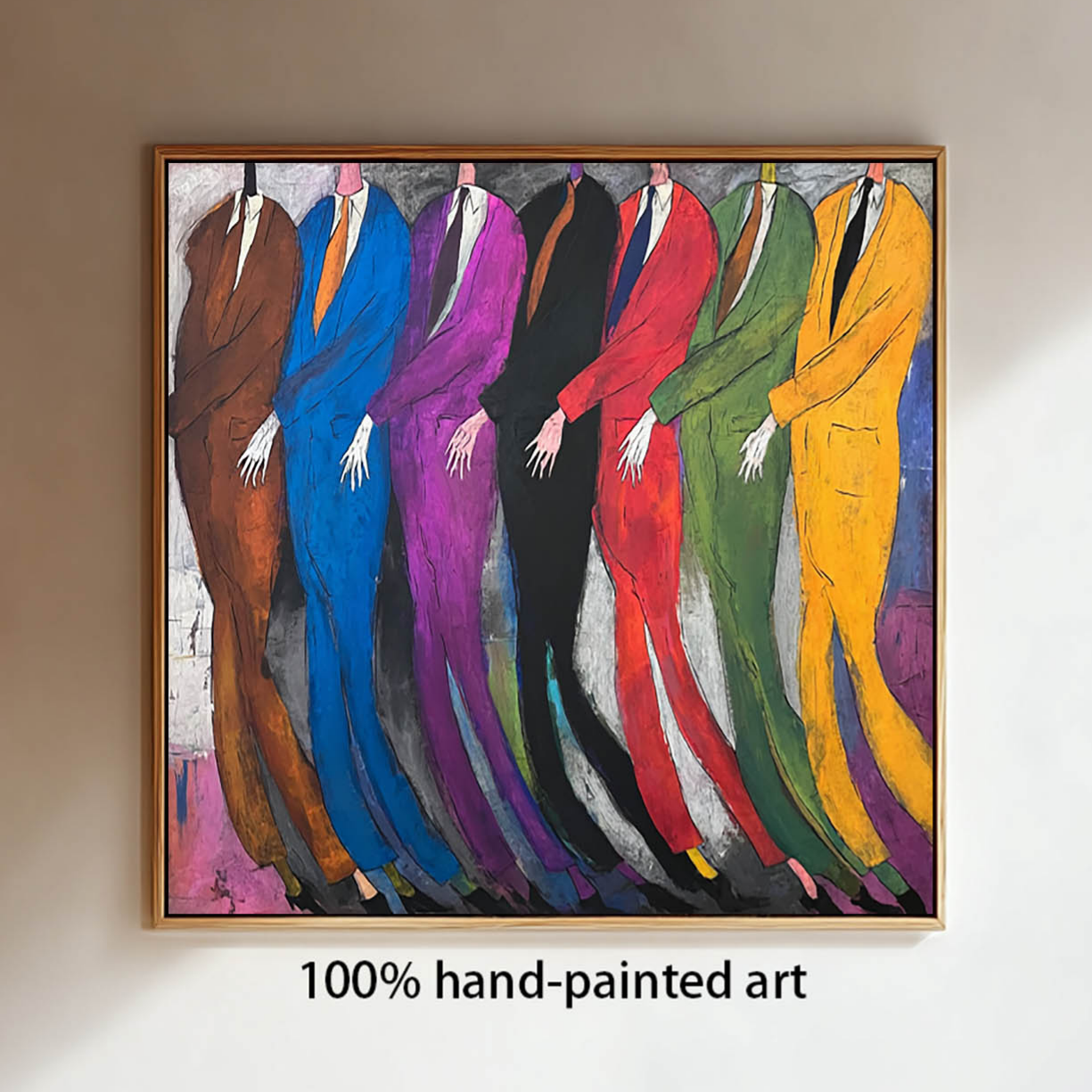 Hand-Painted Colorful Abstract Men in Suits Oil Painting - Expressionist Figurative Wall Art