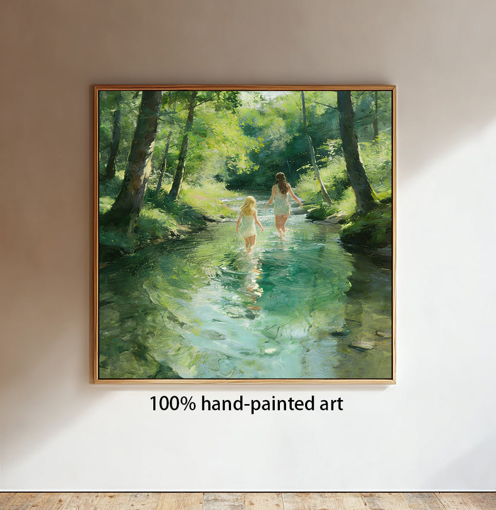 Hand-Painted Summer Lakeside Landscape Art large Green Landscape painting