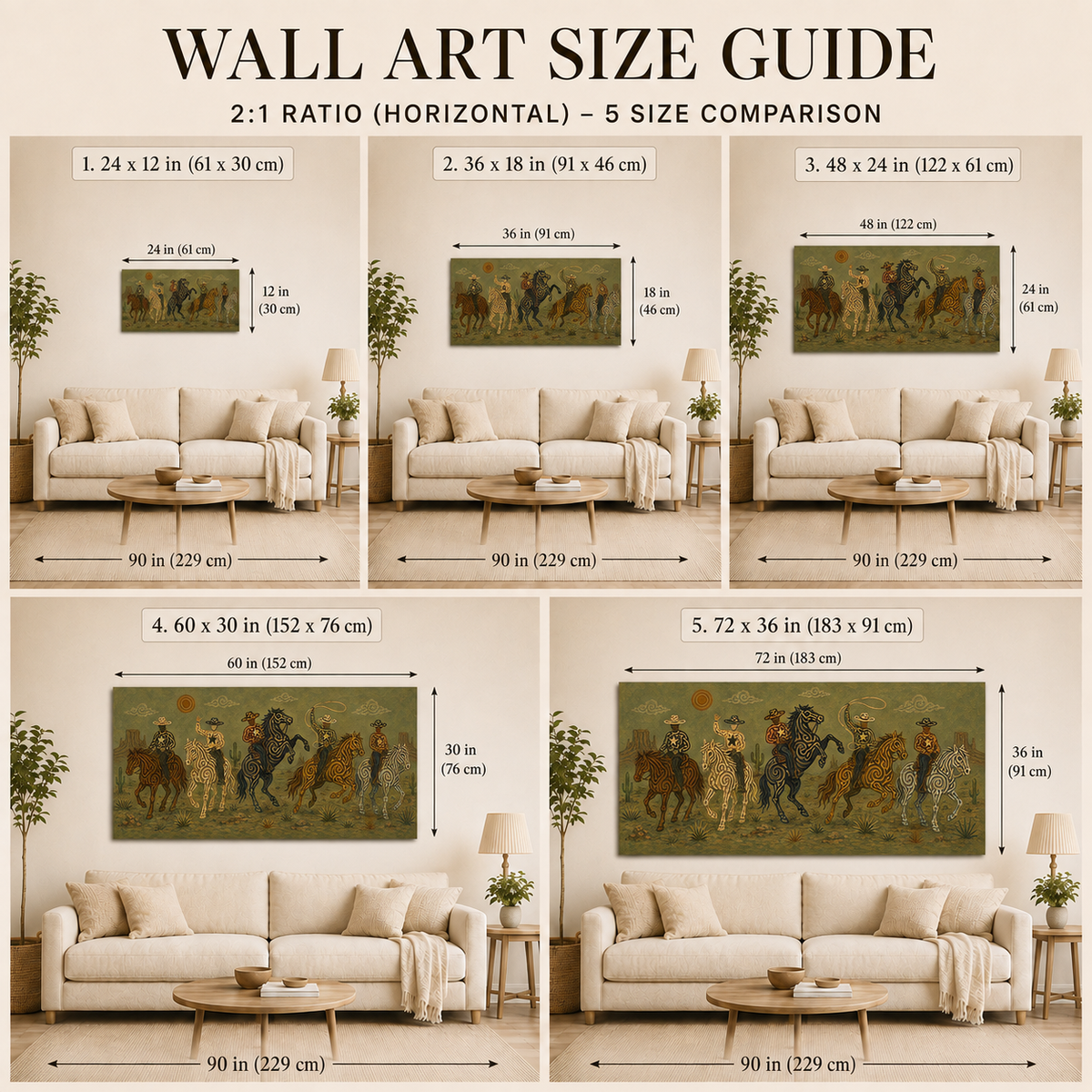 Olive Western Cowboy Painting, Panoramic Lasso Horse Riders, Southwestern Ranch Wall Art