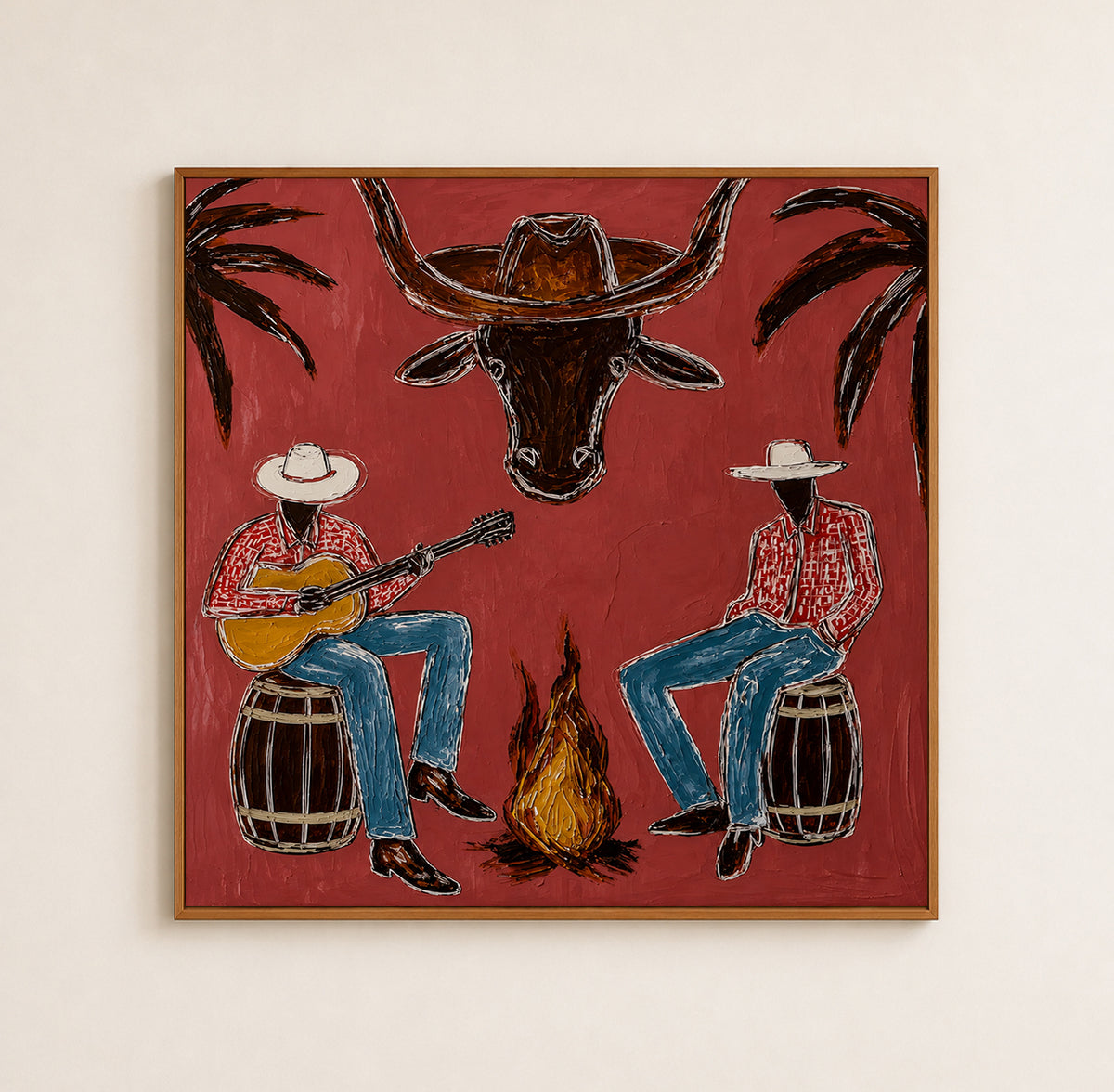 Cowboy And Longhorn Steer Canvas Painting With Campfire Scene Rustic Red Painting