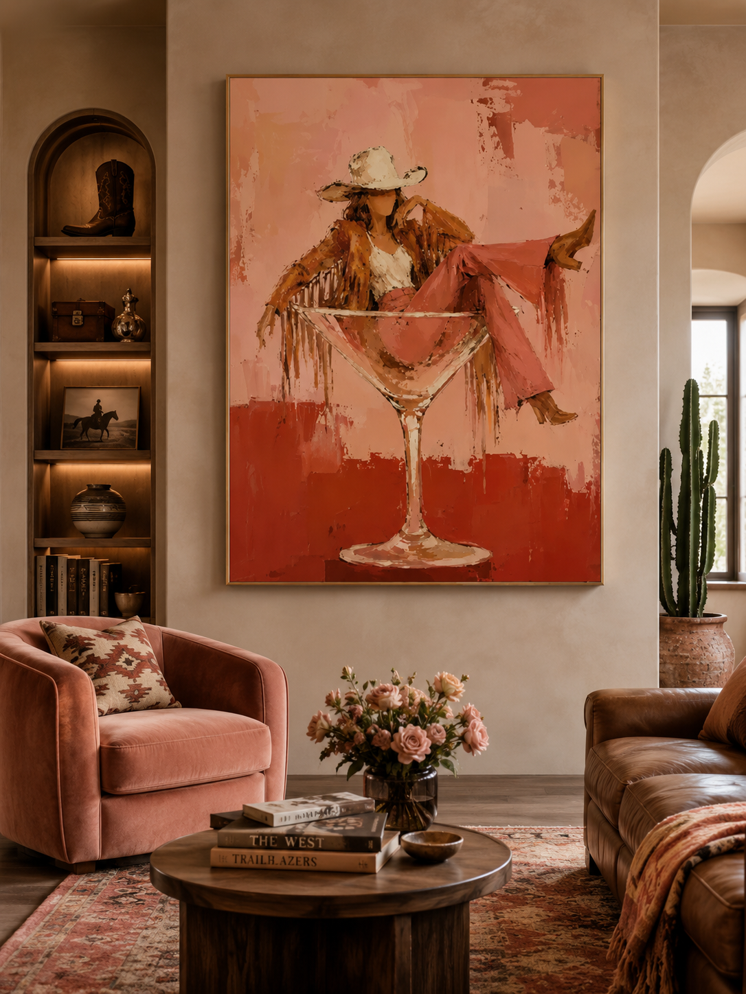 Unique Pink And Red Wall Art Modern Cowboy Theme Painting For Bedroom