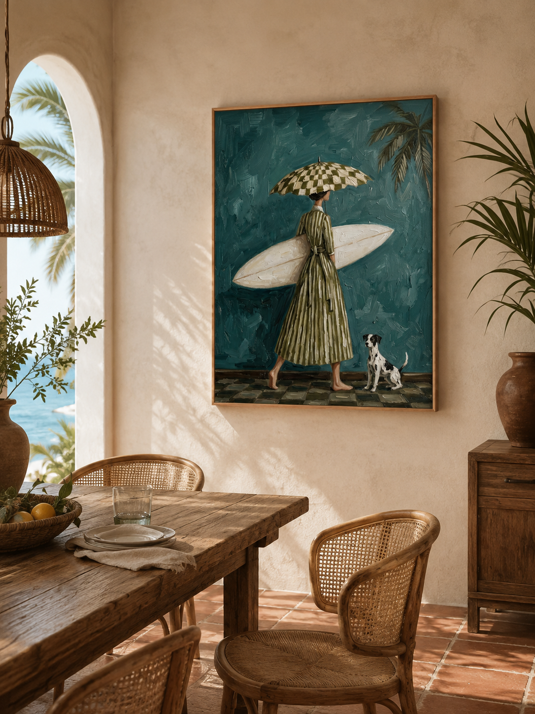 Vintage Surf Girl Oil Painting With Dog Textured Beach Wall Art For Living Room Decor