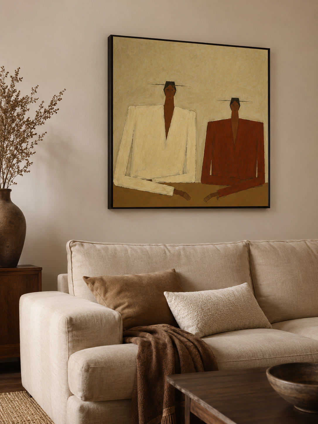 Abstract Geometric Figure Painting In Beige And Brown Tones With Textured Canvas For Modern Living Room Decor