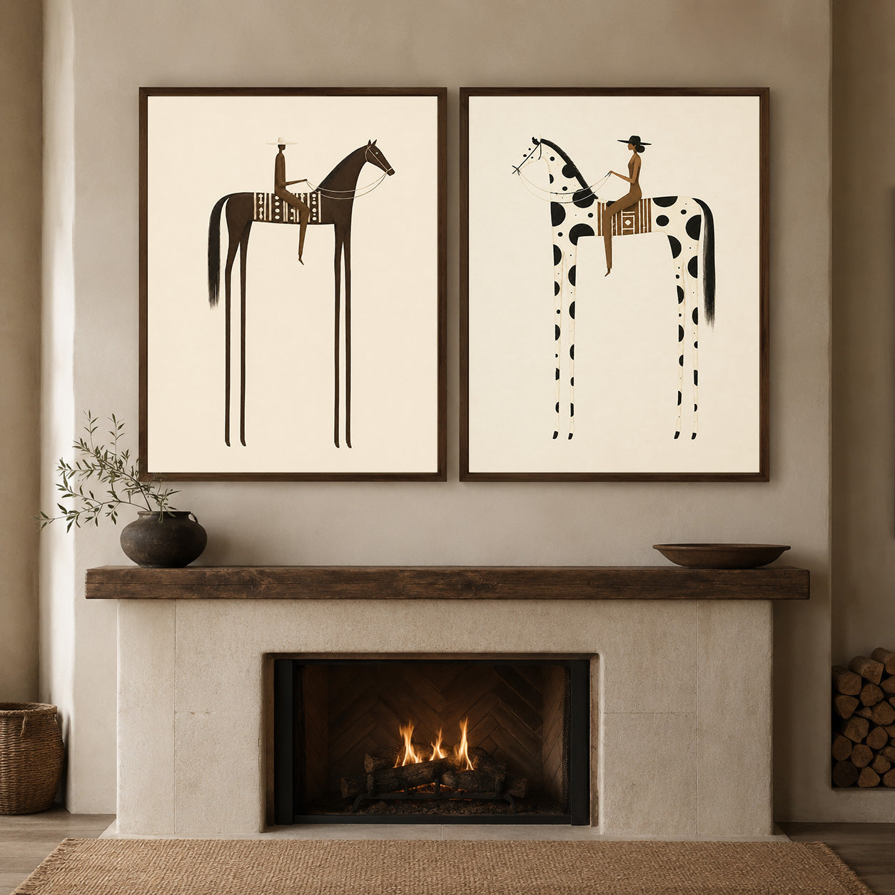 Modern Minimalist Horse Painting Set Beige And Brown Abstract Animal Art For Living Room