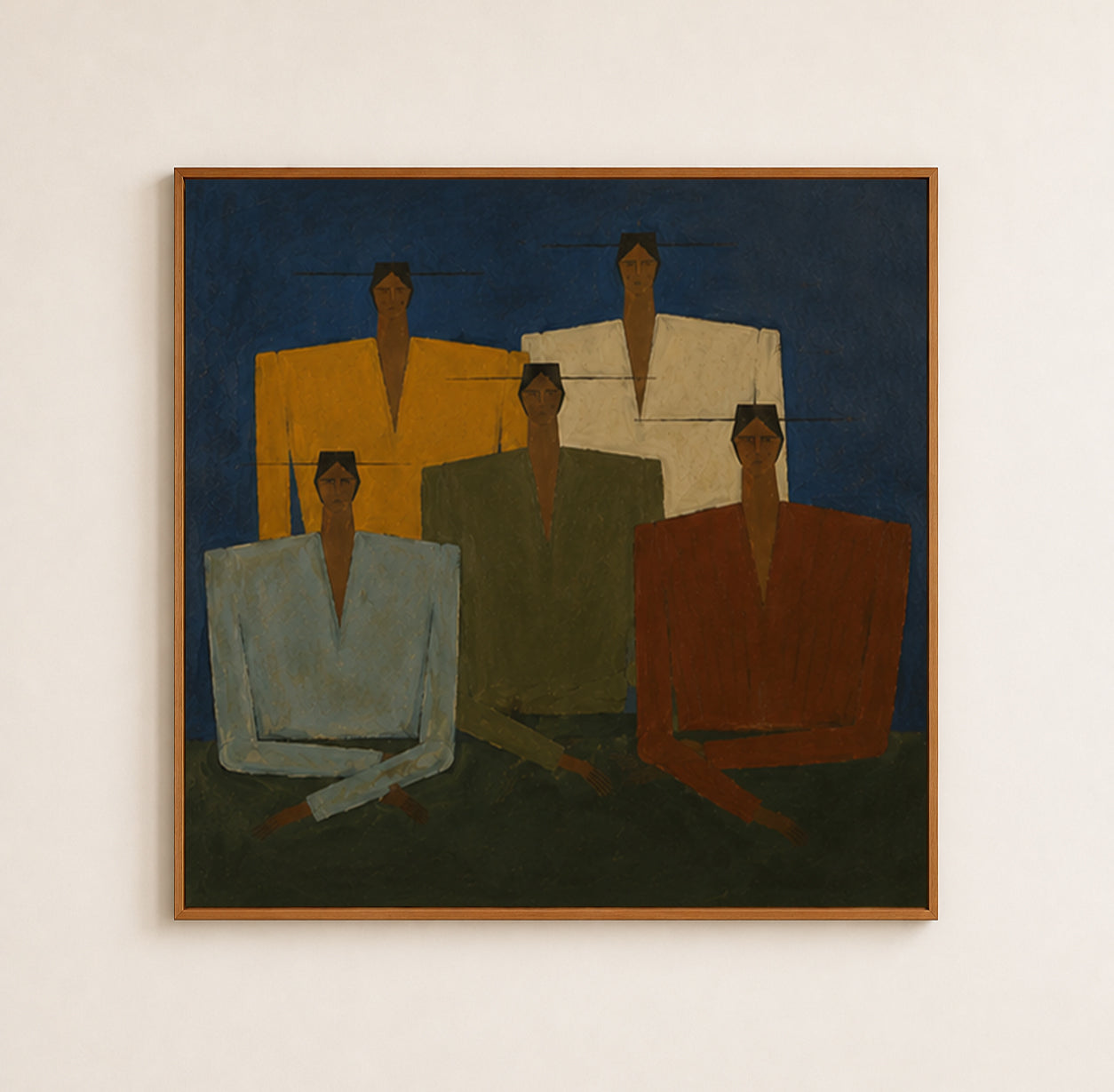 Wabi Sabi Figurative Art Painting With Geometric People In Blue Green Tones For Modern Living Room Decor