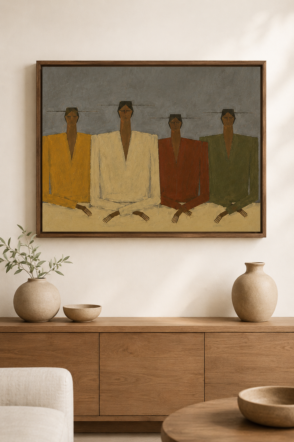 Mid-Century Minimalist Abstract People Oil Painting - Muted Earth Tones on Canvas
