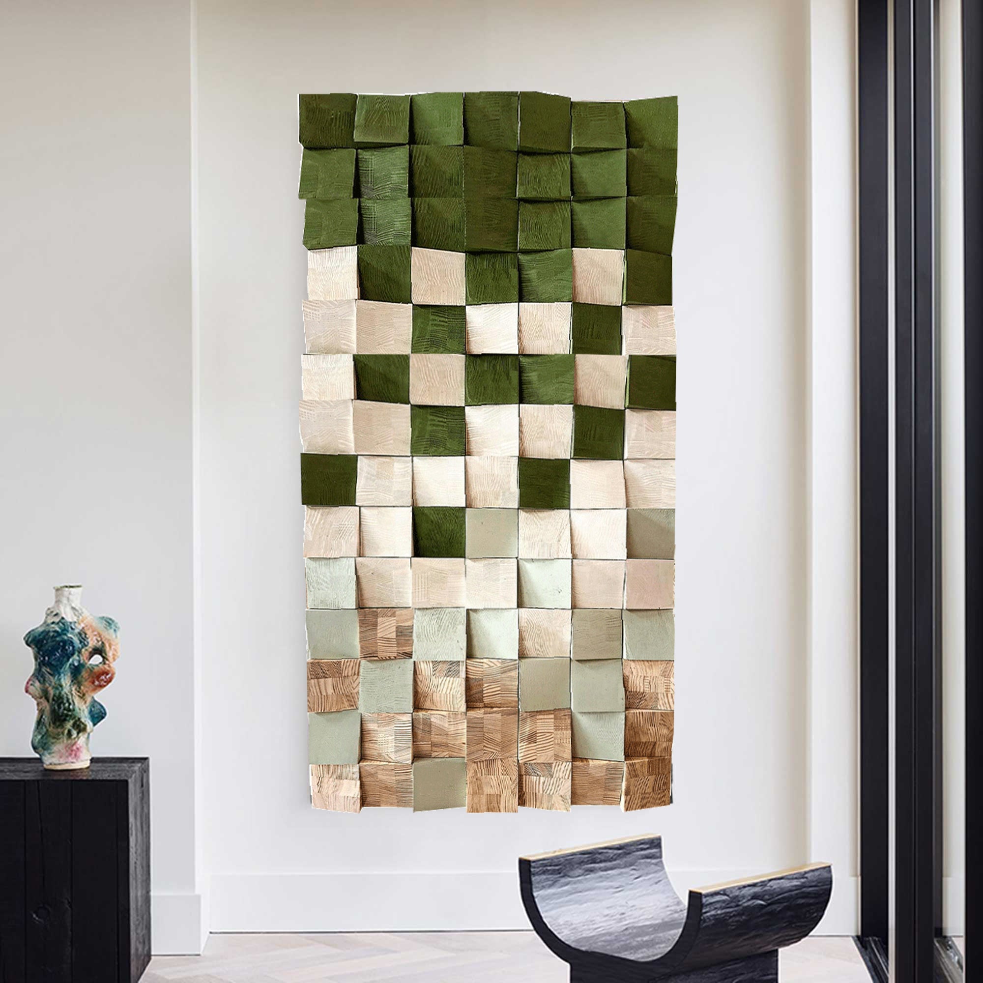Green Geometric Wood Art: Textured Wall Sculpture Decor art Painting