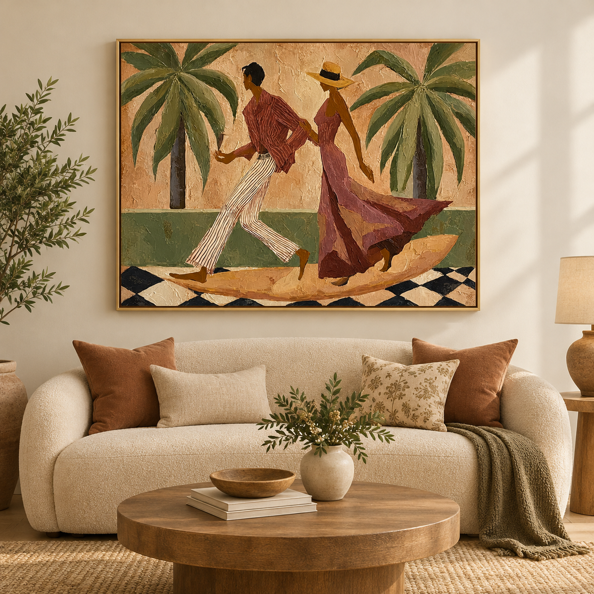Dancing Couple Canvas Painting With Tropical Palms And Olive Green Tones