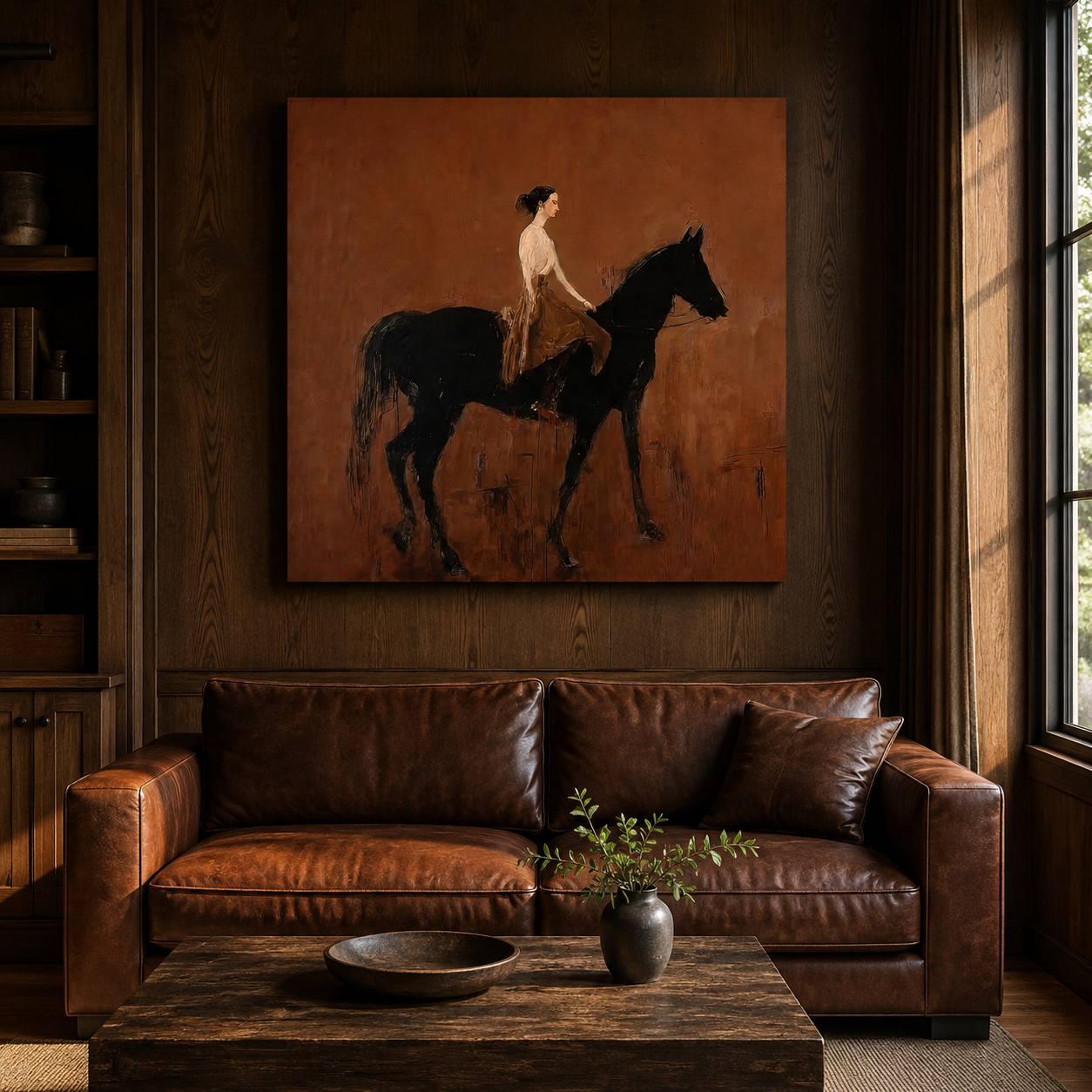 Vintage Brown Horse And Rider Painting Original Oil On Linen Canvas For Classic Home Decor