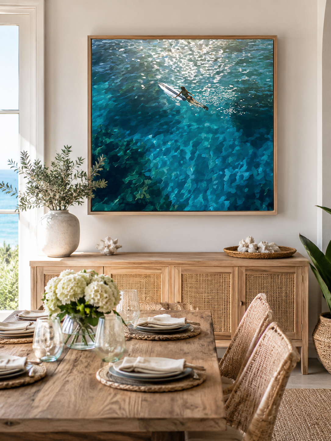 Hand Painted Ocean Swimmer Art For Modern Coastal Living Room Wall Decor Blue
