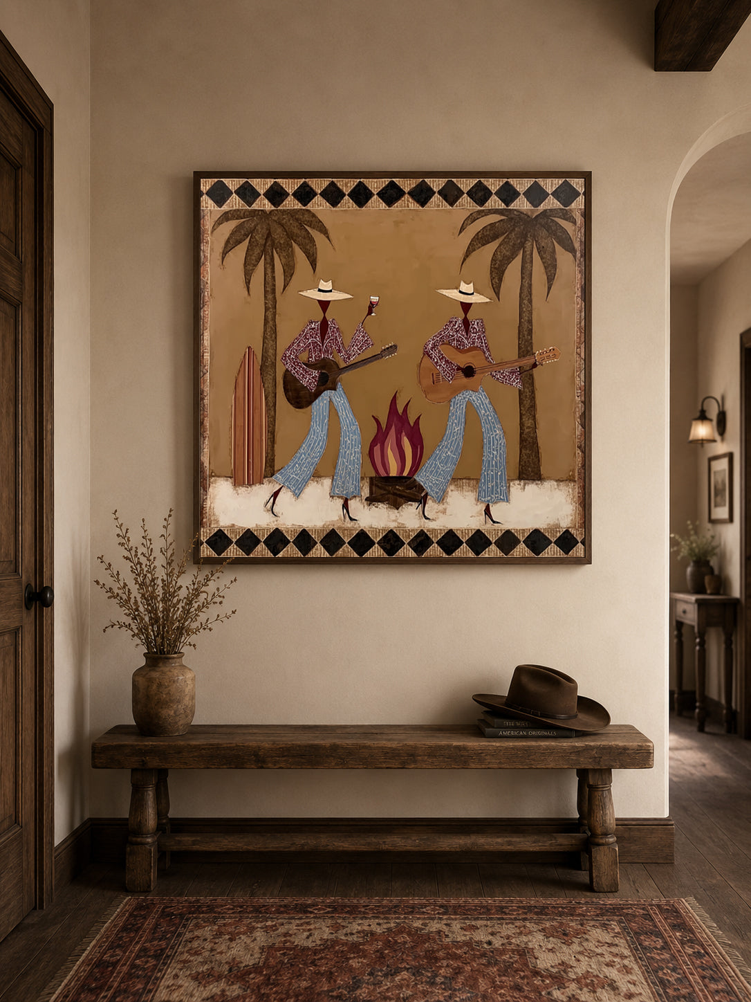 Cowgirl Guitar And Wine Painting, Retro Western Bar Wall Art, Southwest Music Decor