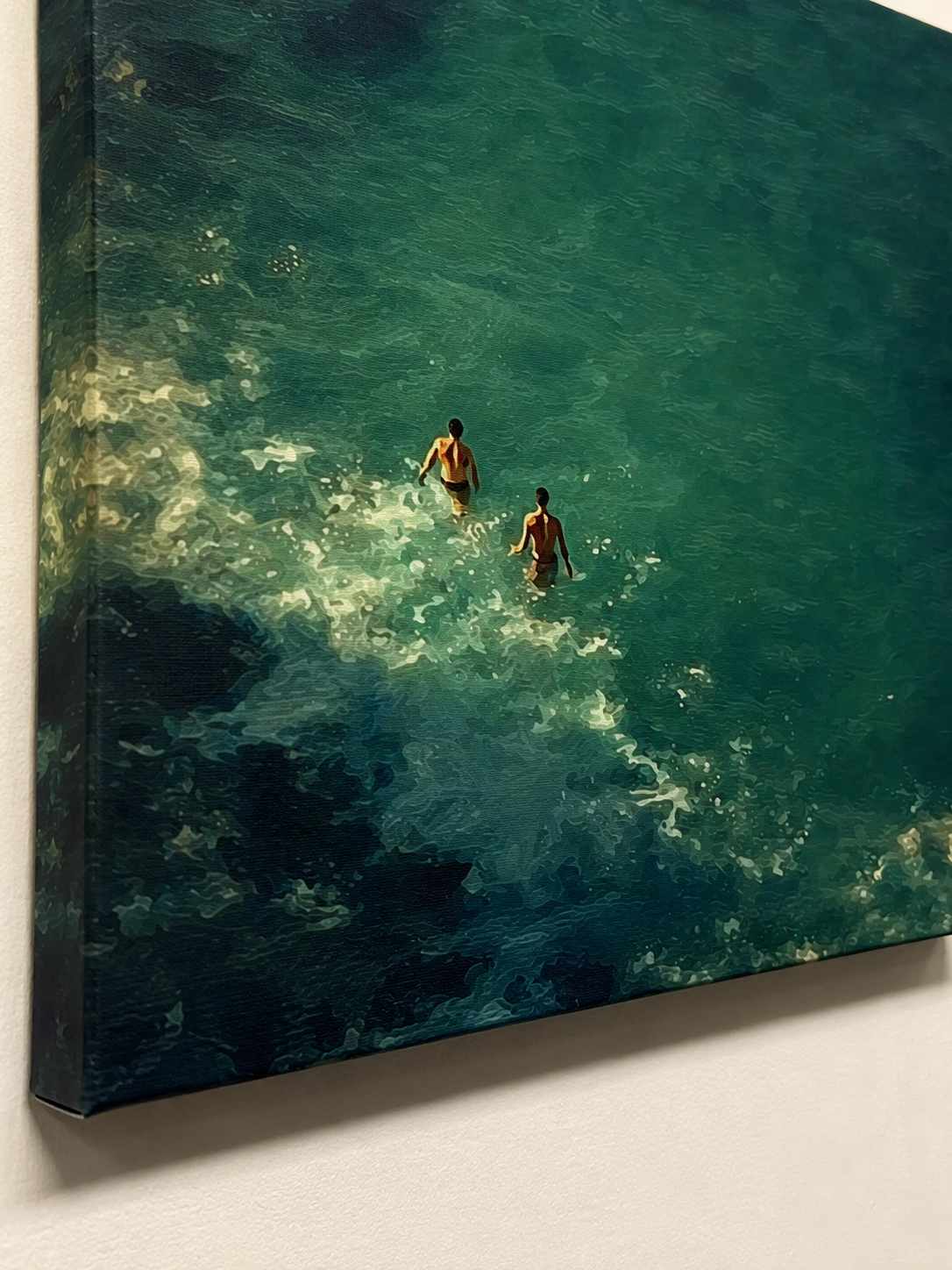 Emerald Green Ocean Painting Impressionist Swimmers Vintage Coastal Canvas Art For Living Room