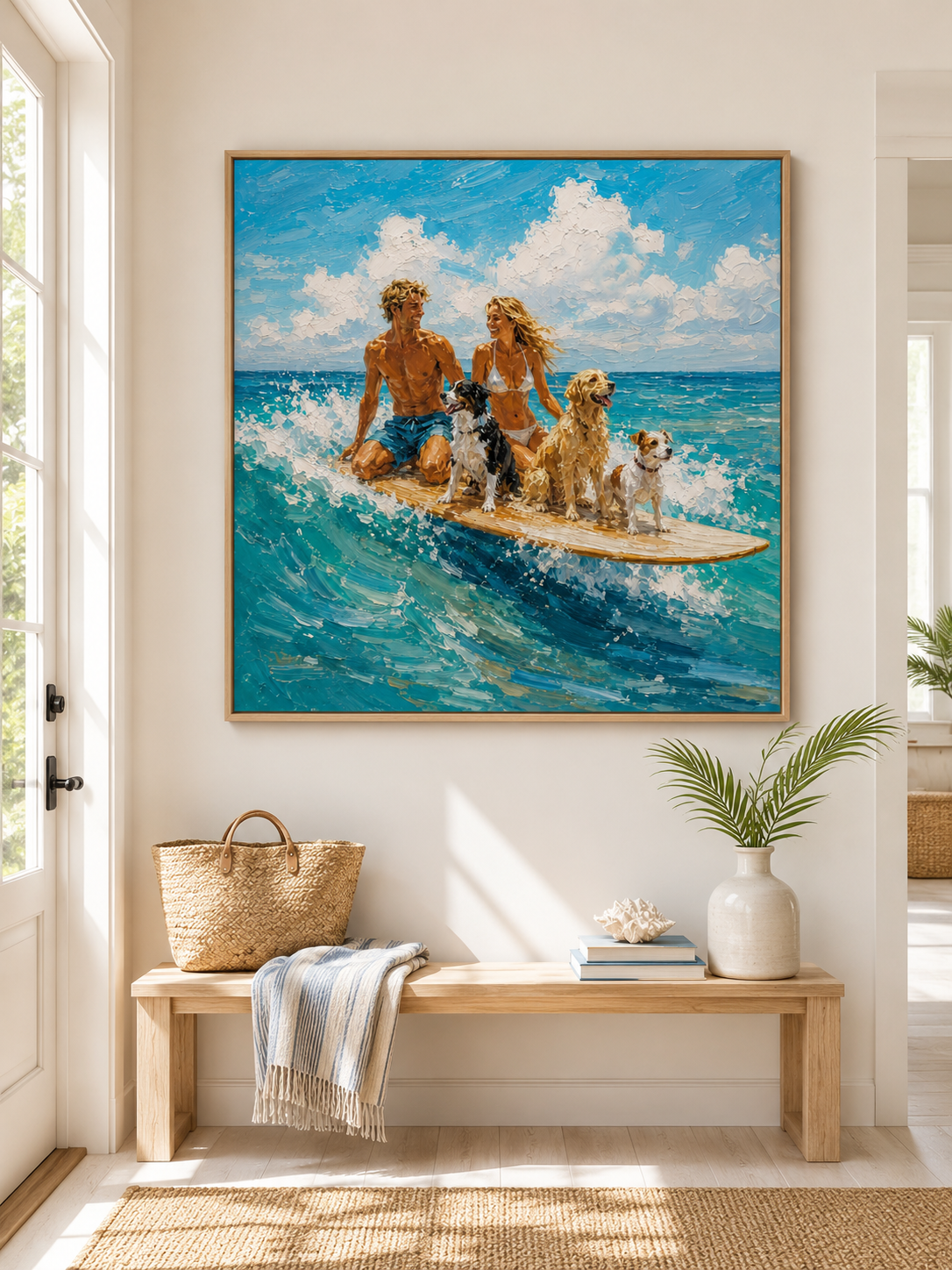Summer Beach Wall Art Modern Textured Beach Painting With Dogs And Couple For Coastal Living Room Decor