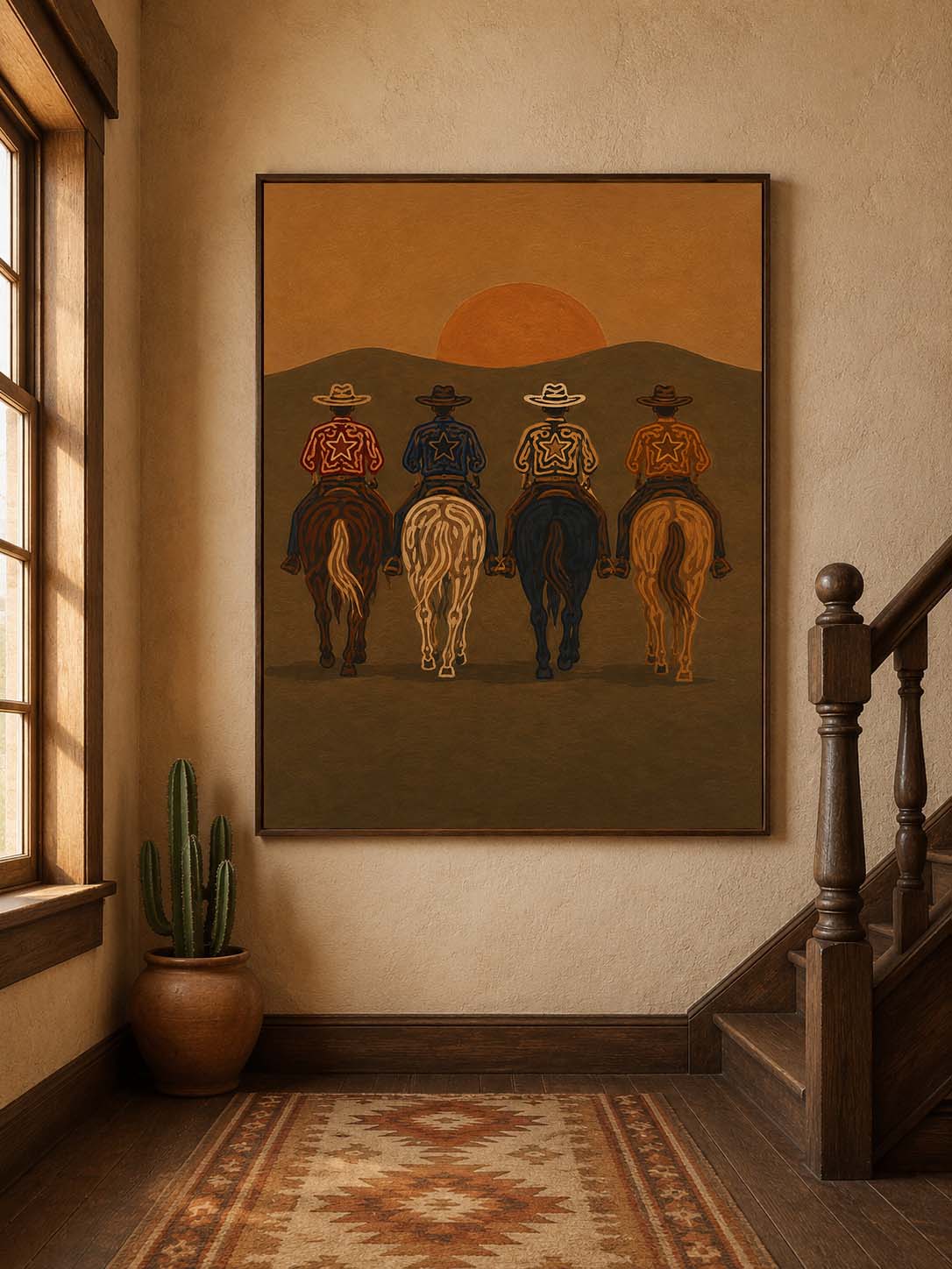 Cowboys At Sunset Painting, Western Horse Riders, Southwestern Desert Landscape Art For Living Room