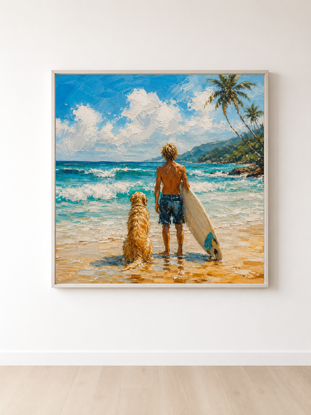Surfer And Dog Beach Painting Textured Oil Art For Coastal Home Decor