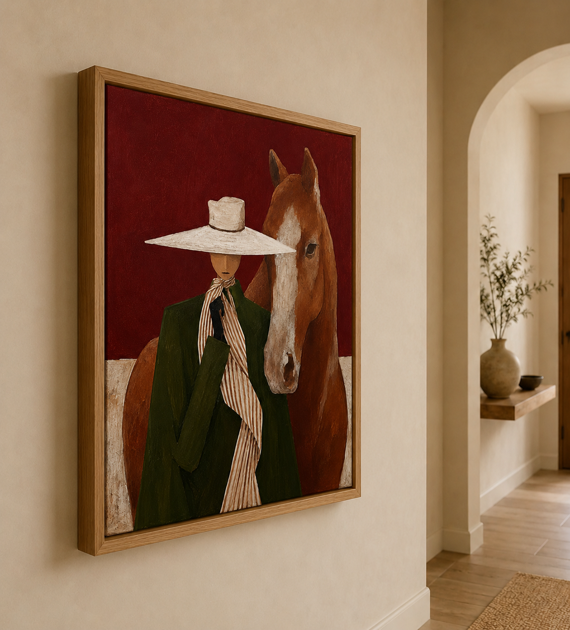 Modern Figurative Oil Painting Of Lady In Hat And Horse Unique Wall Art For Entryway And Hallway