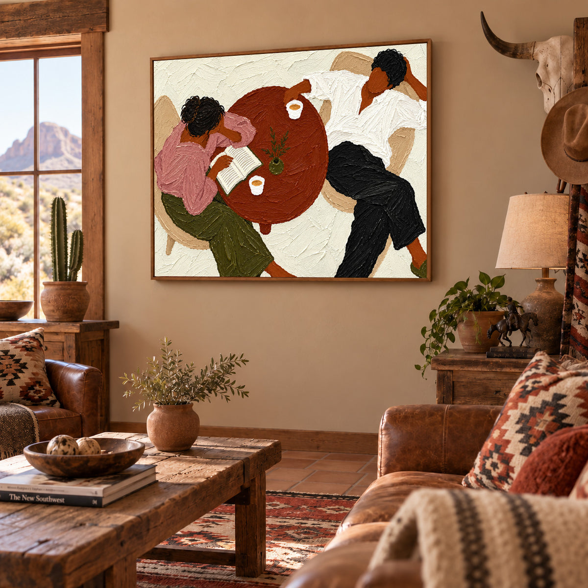 Lazy Sunday Couple Oil Painting, Cozy Reading Wall Art, Neutral Textured Figurative Canvas
