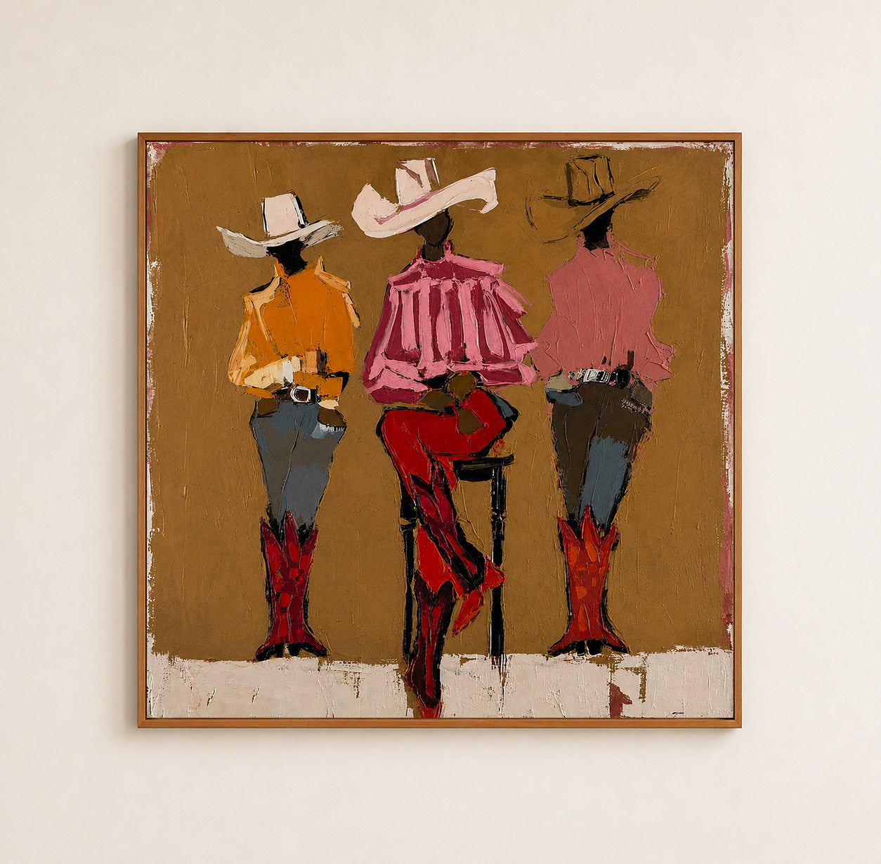 Three Cowgirls Figure Painting Retro Western Art With Textured Brushstrokes For Home Wall
