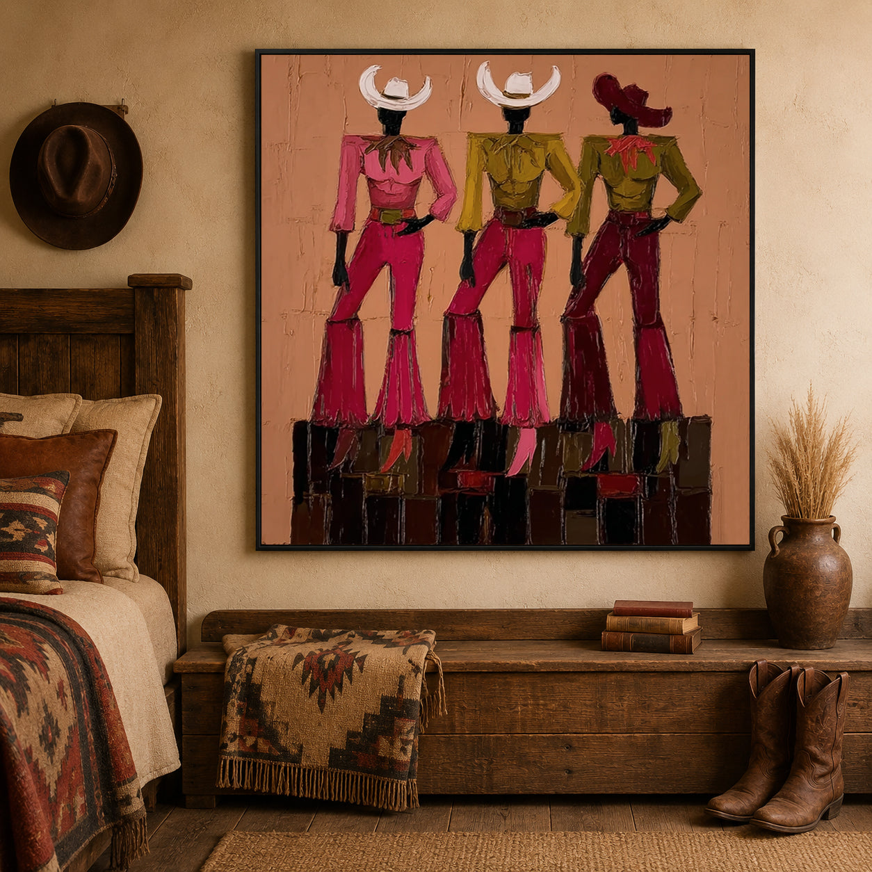 Vintage Cowgirl Wall Art,Pink And Green Cowgirl Canvas Painting, Trendy Country Aesthetic Home Decor