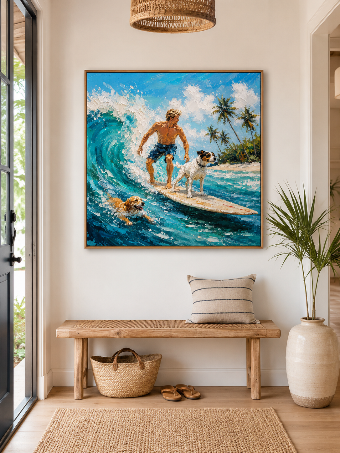 Surfer And Dogs Painting For Boys Room Beach Themed Wall Art Decor