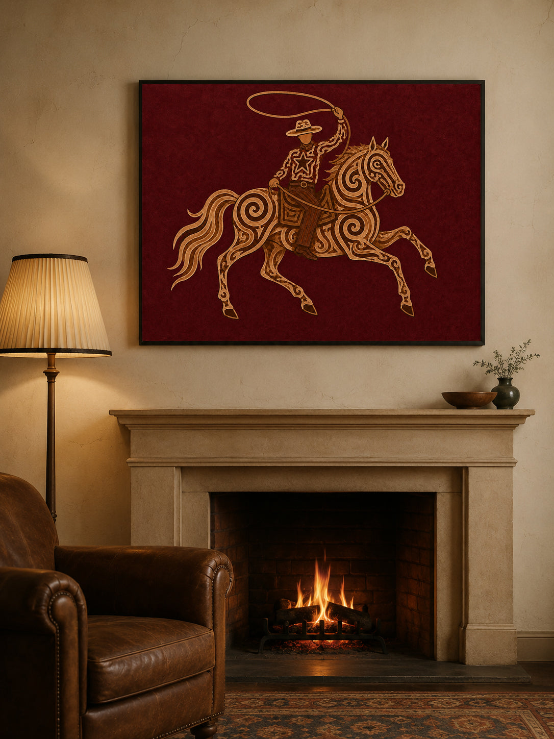 Red Cowboy Horse Oil Painting, Burgundy Western Wall Art, Lasso Rodeo Ranch Decor