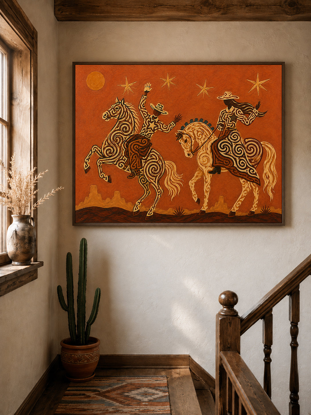 Cowboy Cowgirl Horse Painting, Orange Desert Western Folk Art, Southwestern Riders Decor