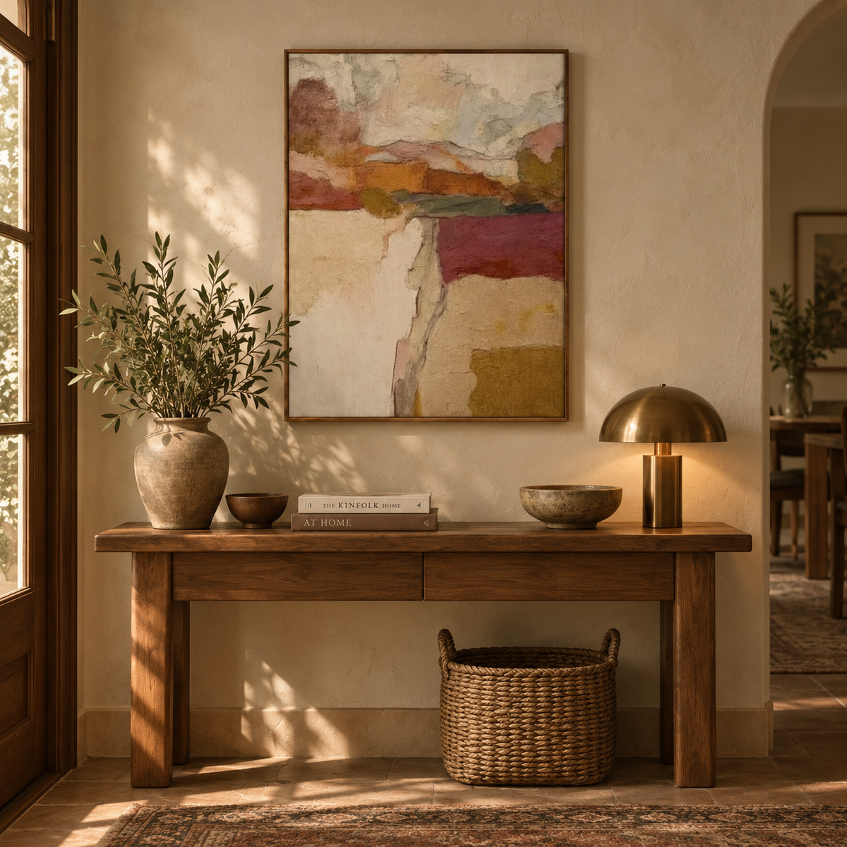 Abstract Landscape Canvas Painting With Olive Green And Earth Tones For Modern Wall Art