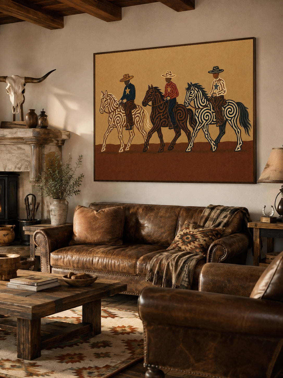 Three Cowboys Horse Painting, Western Ranch Riders, Earth Tone Southwestern Folk Art