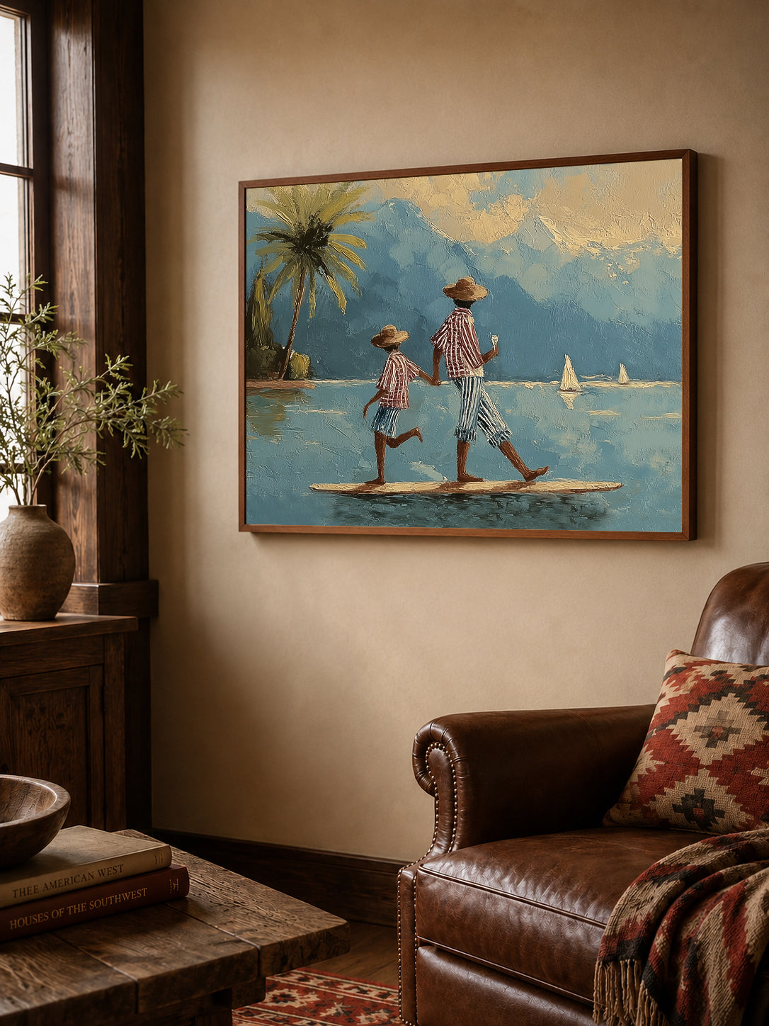 Whimsical Paddleboard Canvas Art, Mediterranean Water Walking Wall Decor, Retro Coastal Nautical Painting