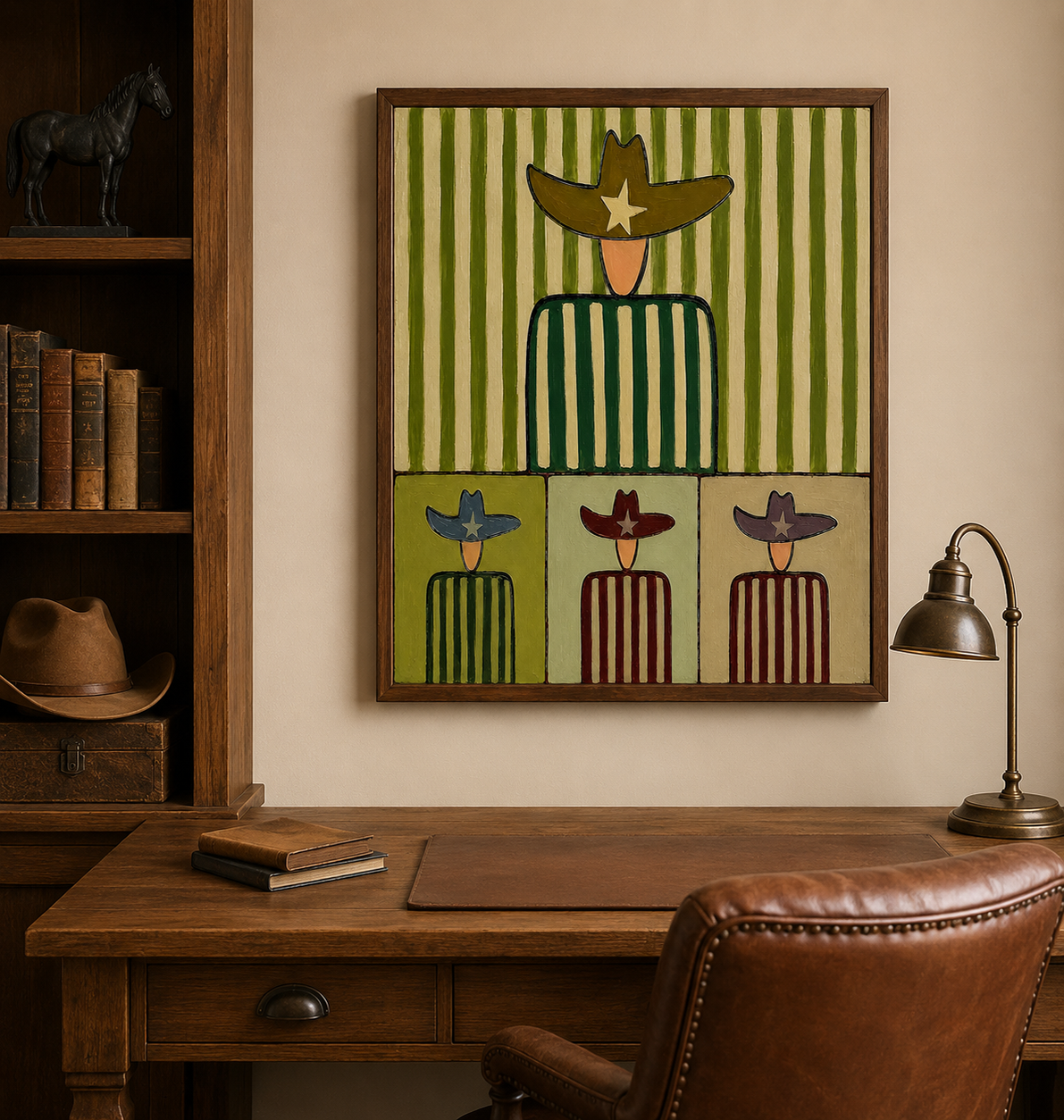 Mid Century Modern Abstract Cowboy Painting With Striped Patterns For Retro Home Decor