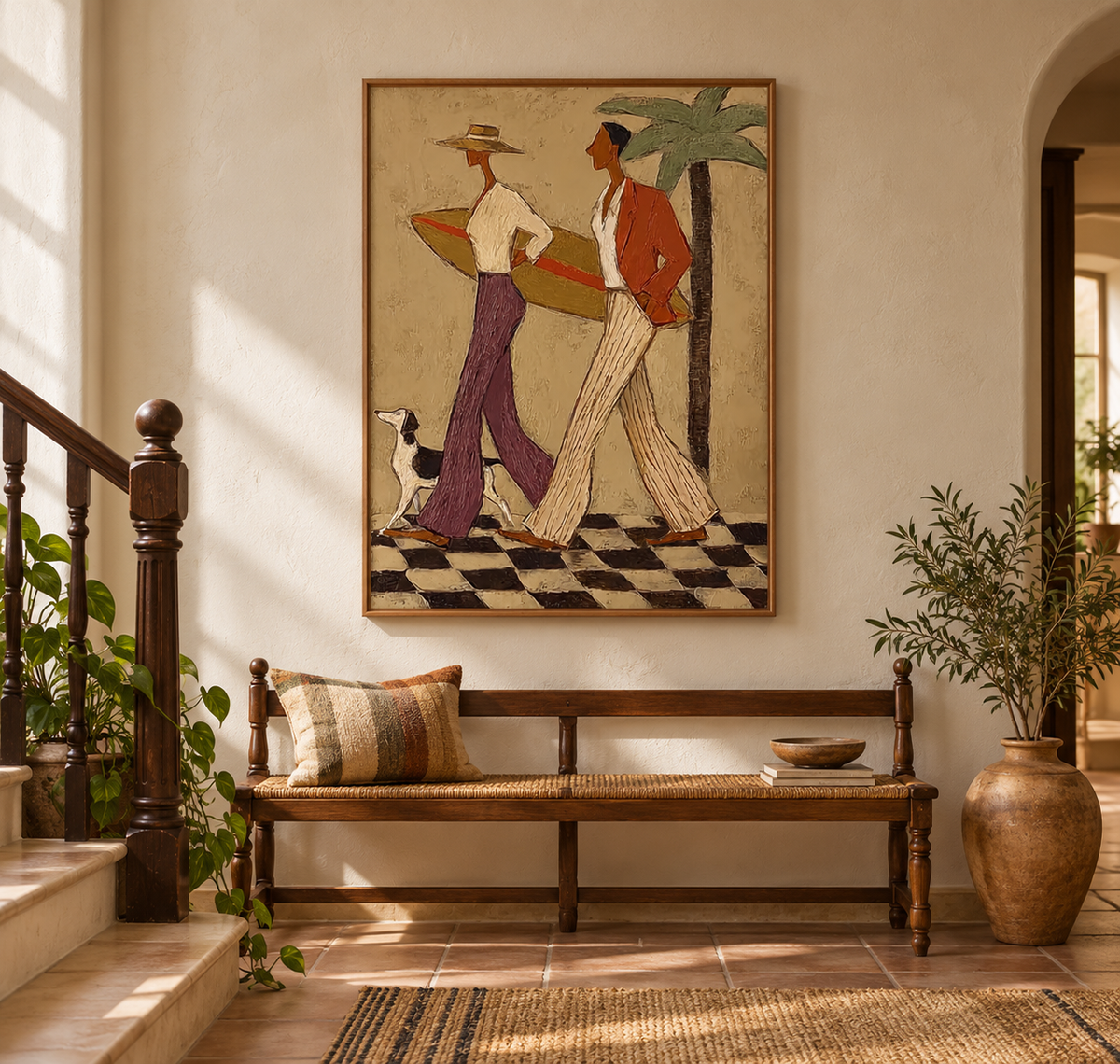 Retro Coastal Couple With Surfboard Canvas Art, Checkered Floor Palm Tree Wall Decor, Vintage Surfing Dog Painting
