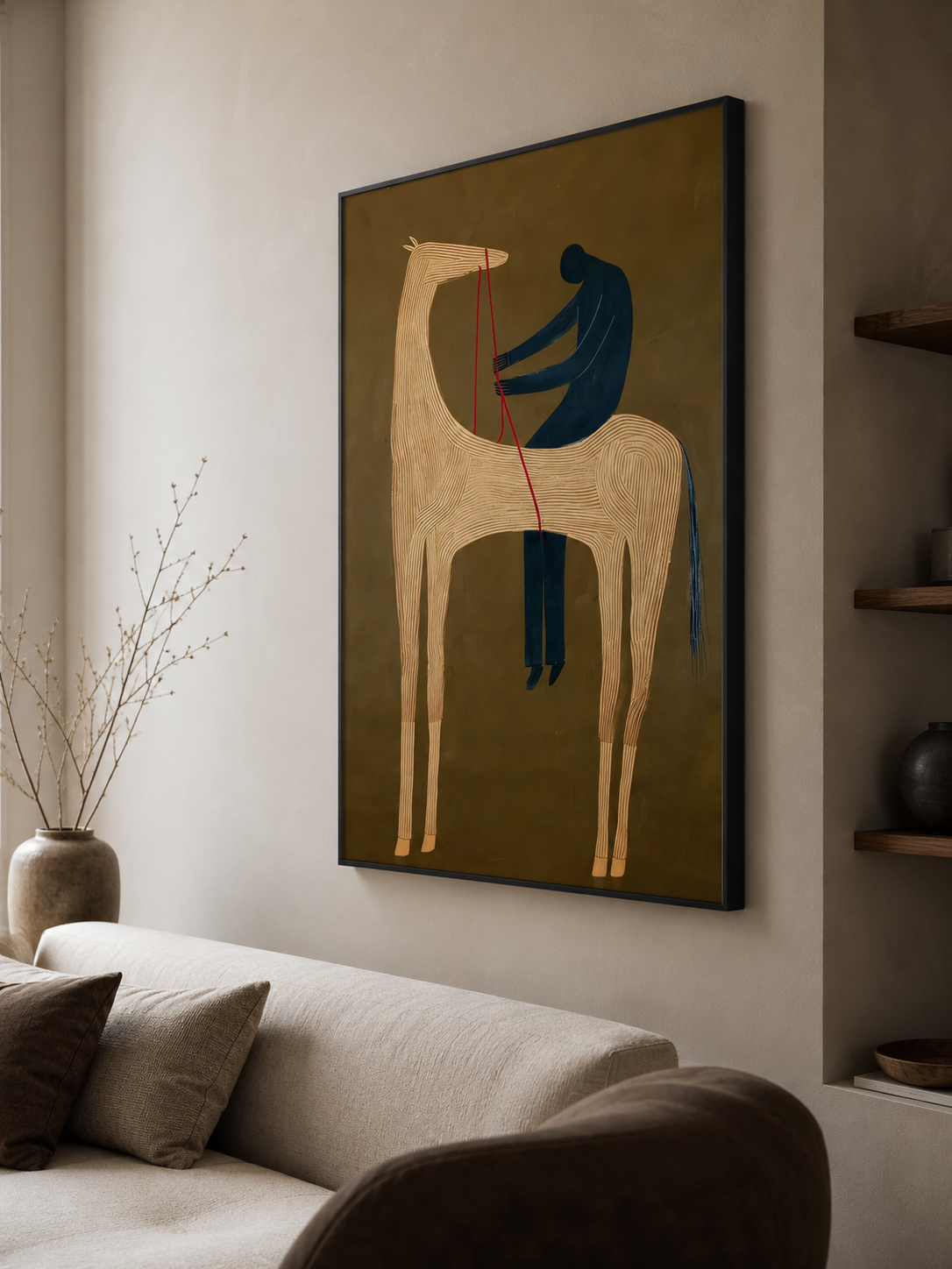 Abstract Storytelling Horse Canvas Art Featuring Human Silhouette In Earthy Minimalist Palette