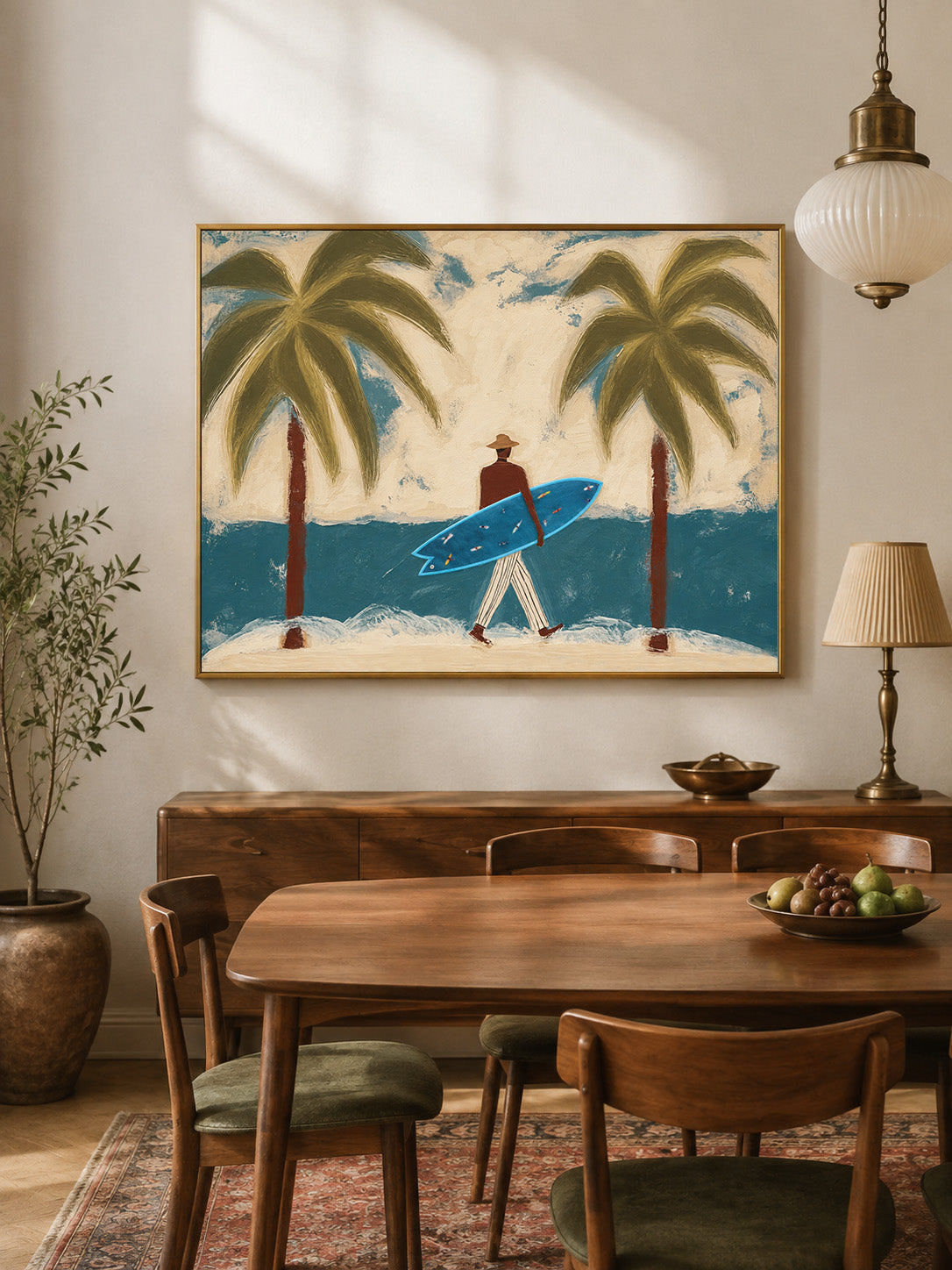 Surfer With Blue Board Vintage Beach Canvas Painting Hand-Painted Wall Art For Coastal Decor