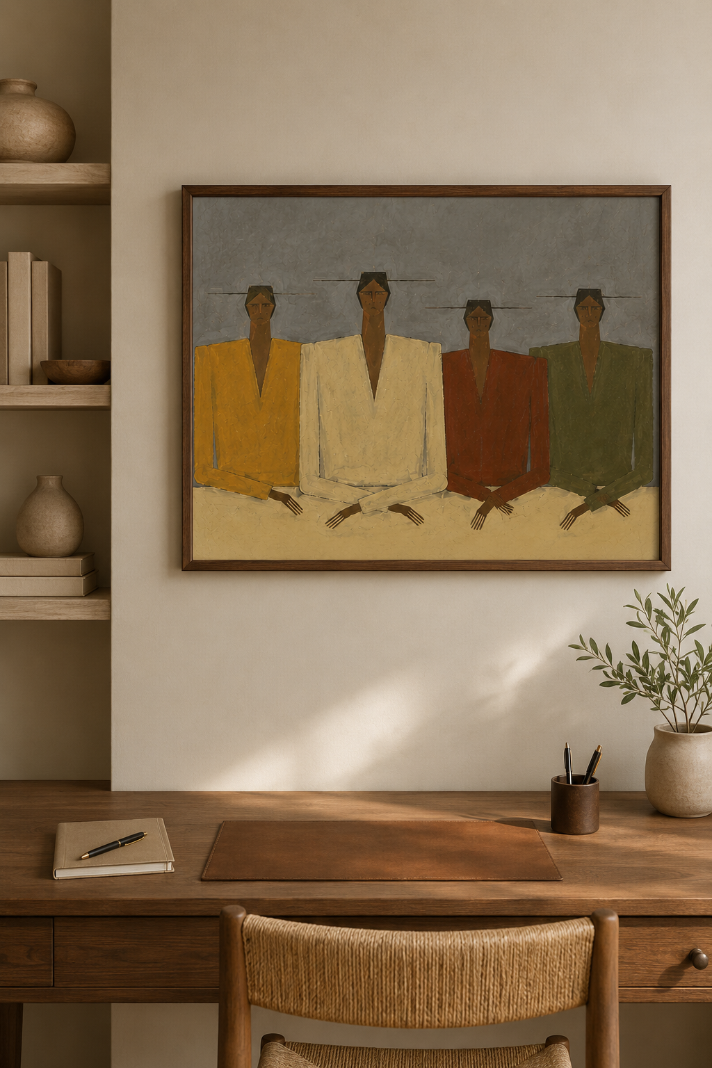 Mid-Century Minimalist Abstract People Oil Painting - Muted Earth Tones on Canvas